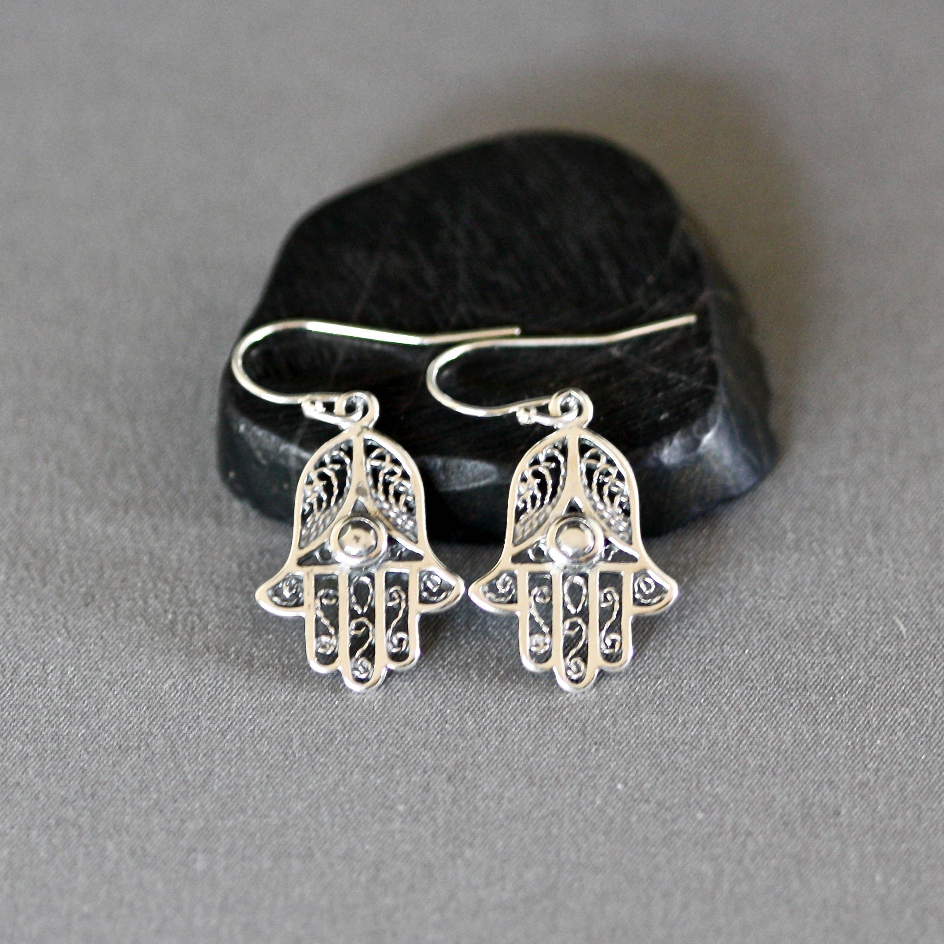 Bali Sterling Silver Hamsa Hand Charm Dangle Earrings