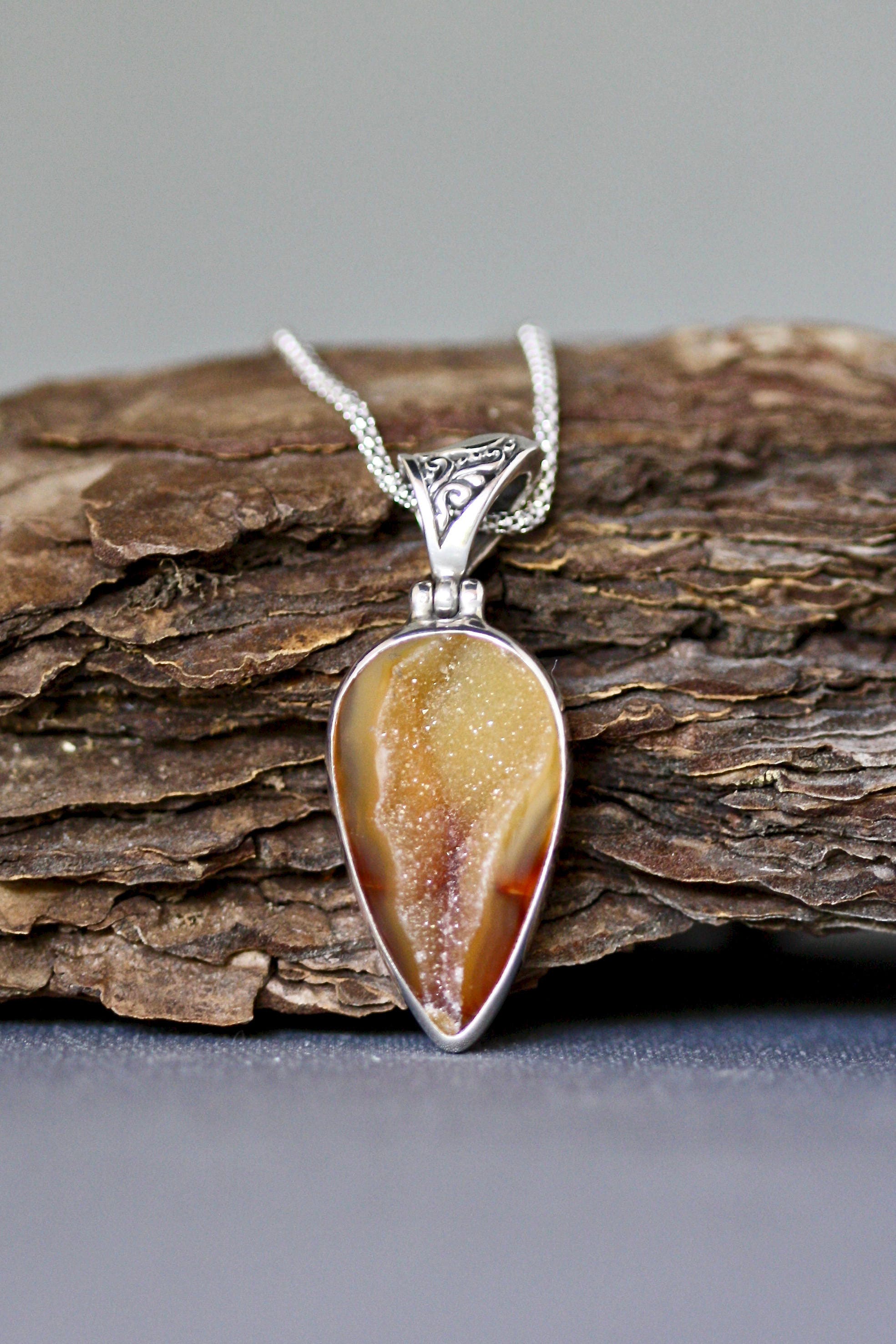 Caramel Druzy Geode Quartz Pendant in a Bali Sterling Silver Bezel Setting