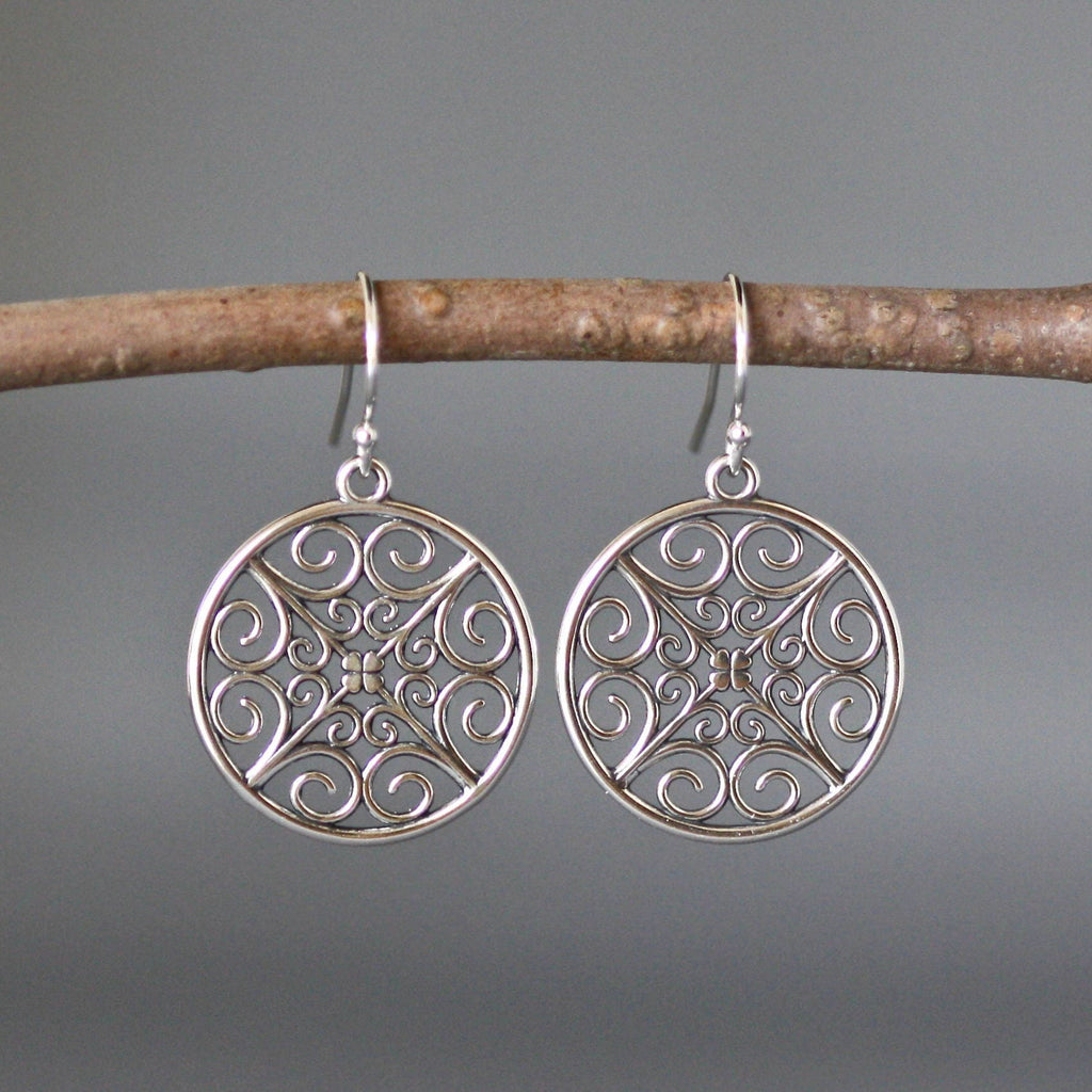 Bali Sterling Silver Round Filigree Dangle Earrings