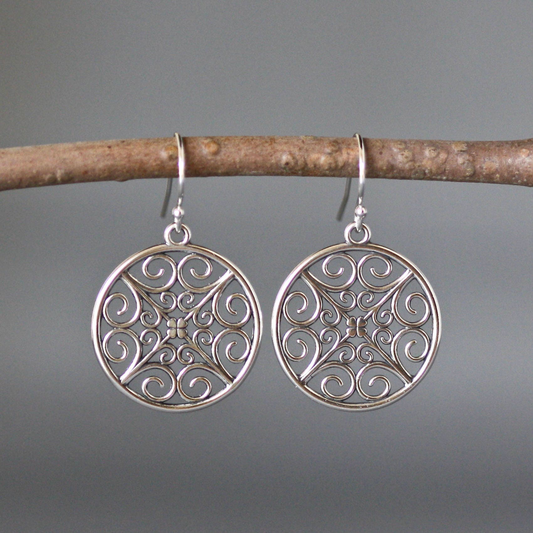 Bali Sterling Silver Round Filigree Dangle Earrings