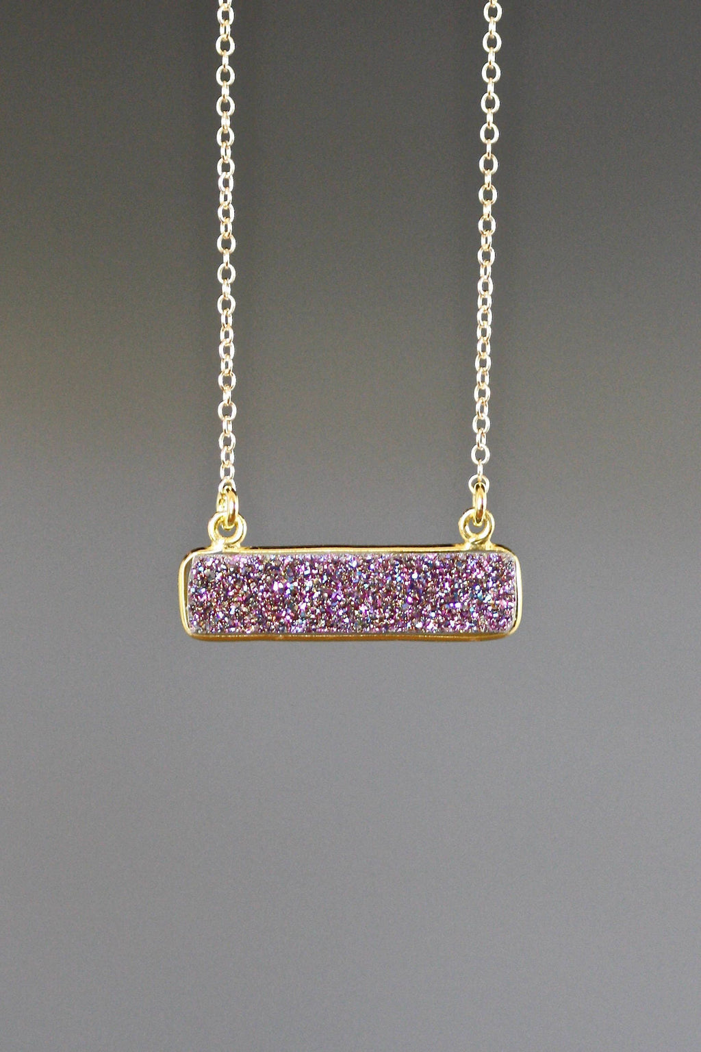 Purple Druzy Quartz Horizontal Bar Pendant Necklace in Gold Vermeil