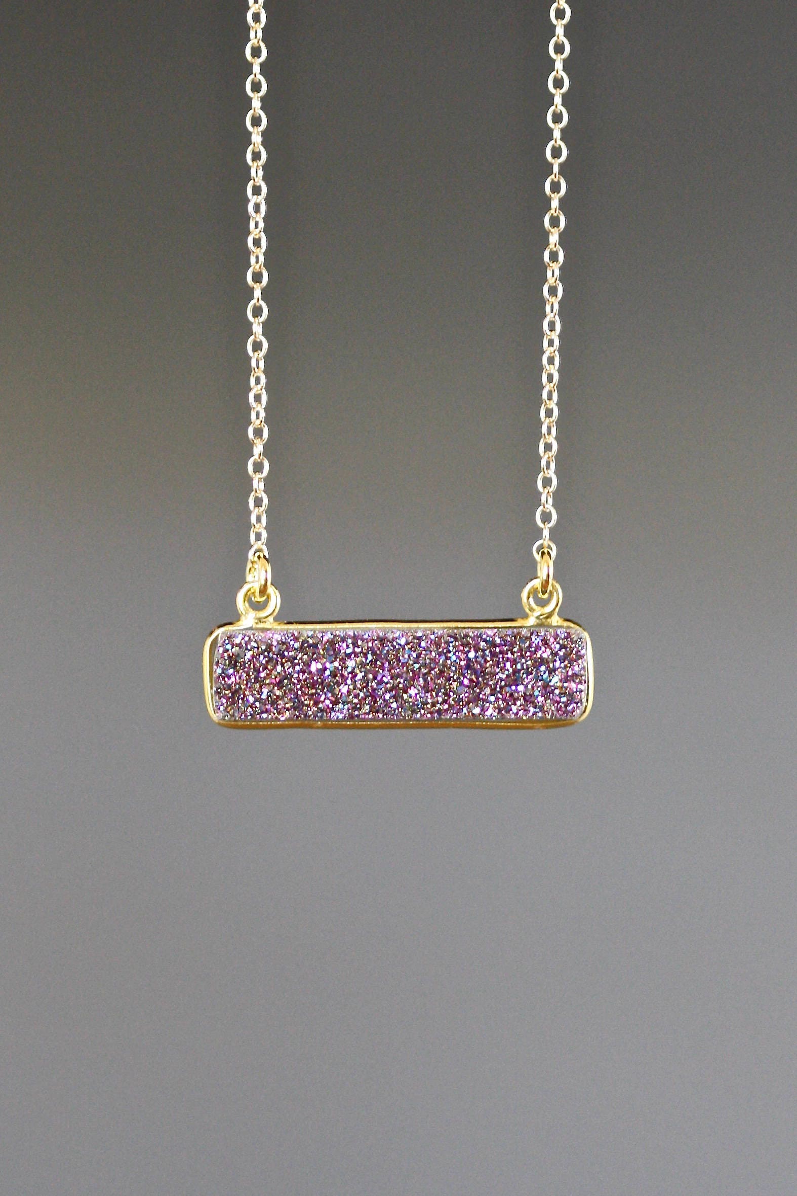 Purple Druzy Quartz Horizontal Bar Pendant Necklace in Gold Vermeil