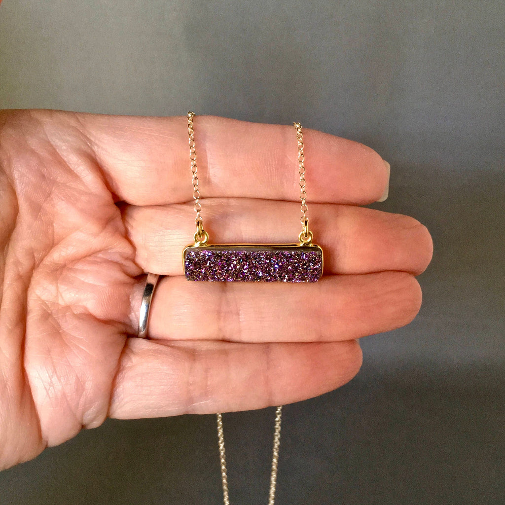 Purple Druzy Quartz Horizontal Bar Pendant Necklace in Gold Vermeil