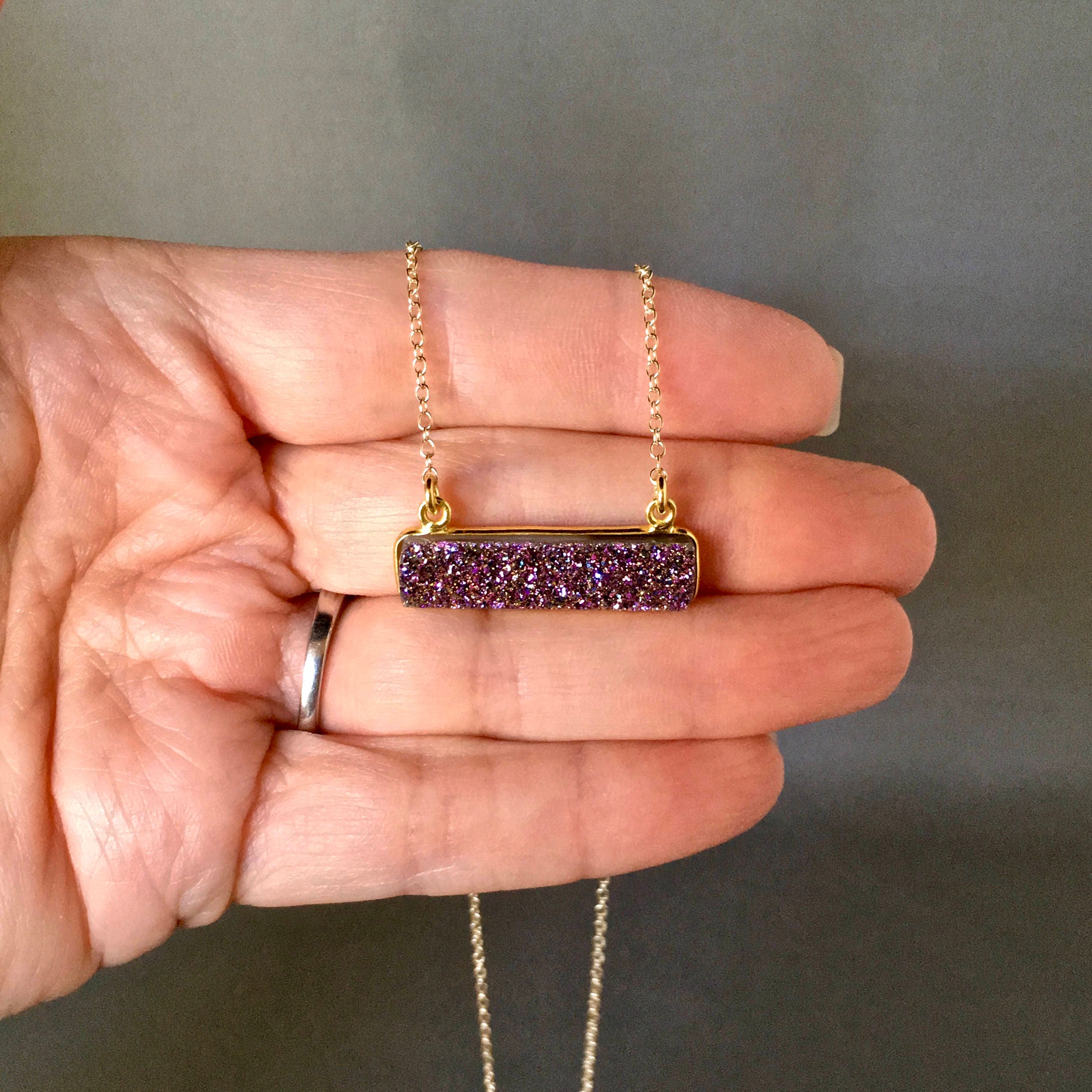 Purple Druzy Quartz Horizontal Bar Pendant Necklace in Gold Vermeil