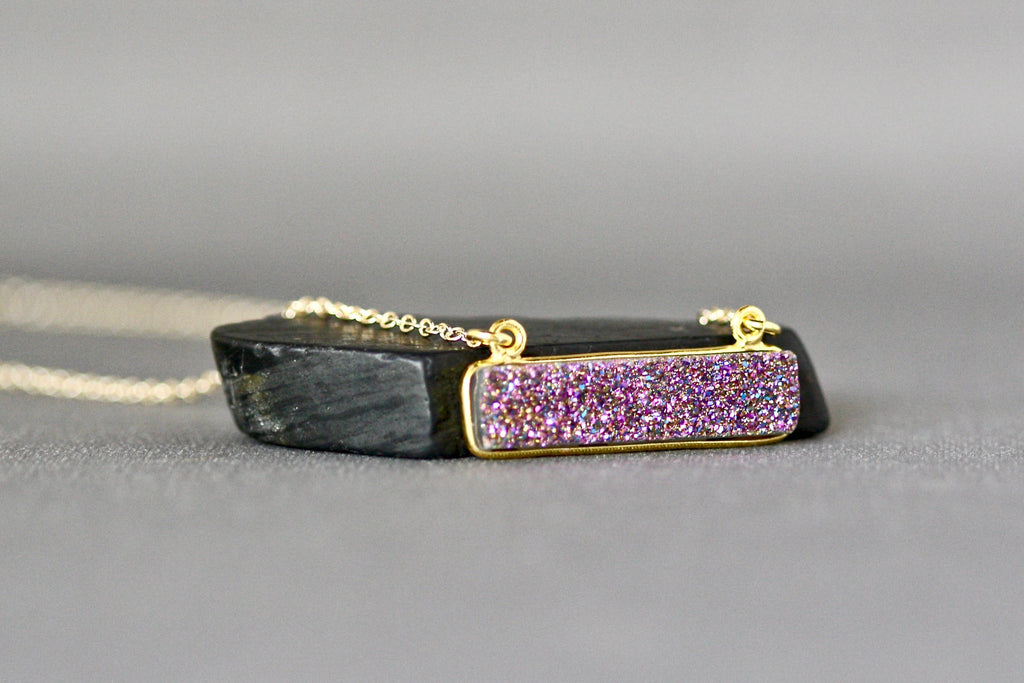 Purple Druzy Quartz Horizontal Bar Pendant Necklace in Gold Vermeil