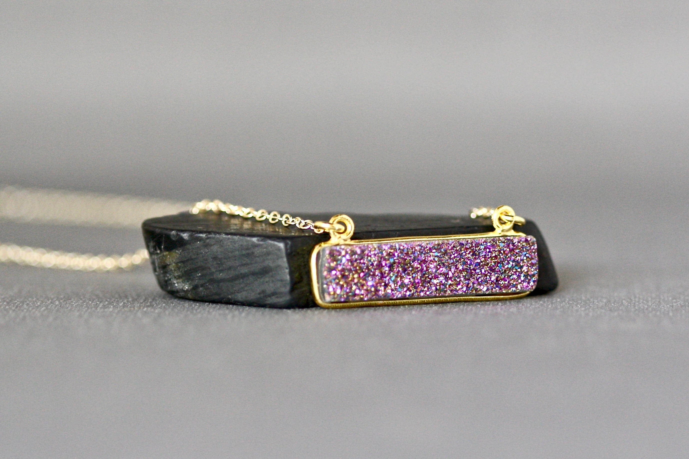 Purple Druzy Quartz Horizontal Bar Pendant Necklace in Gold Vermeil