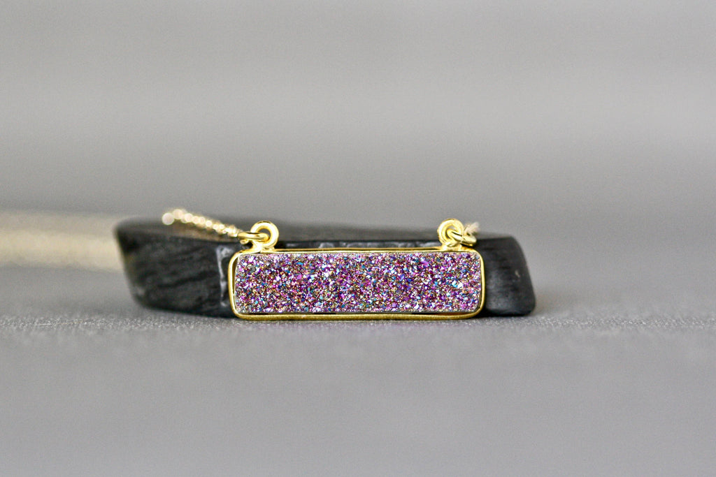Purple Druzy Quartz Horizontal Bar Pendant Necklace in Gold Vermeil