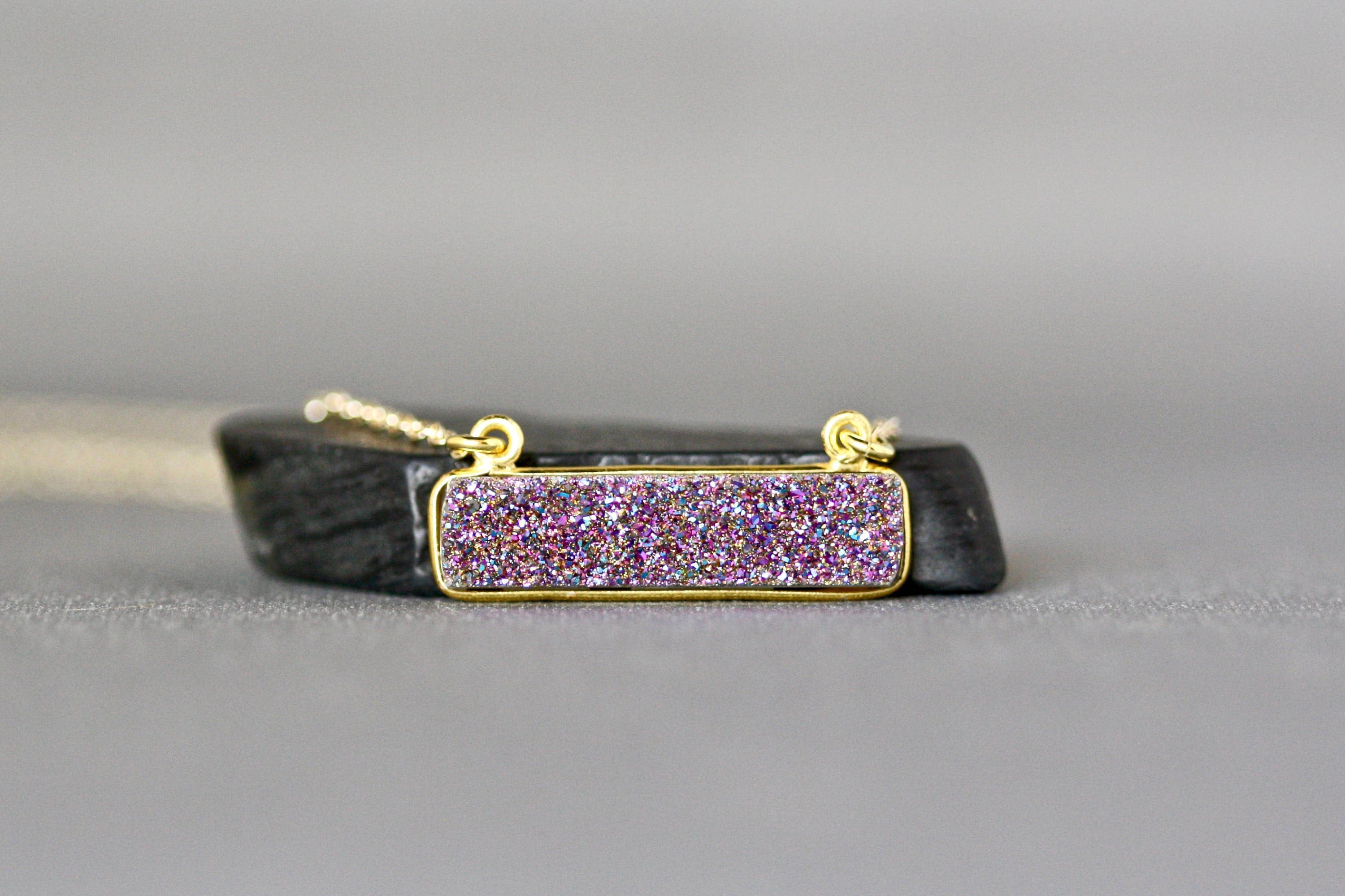 Purple Druzy Quartz Horizontal Bar Pendant Necklace in Gold Vermeil