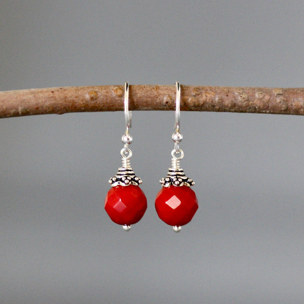 Red Coral Bead Dangle Earrings with Bali Sterling Silver Caps