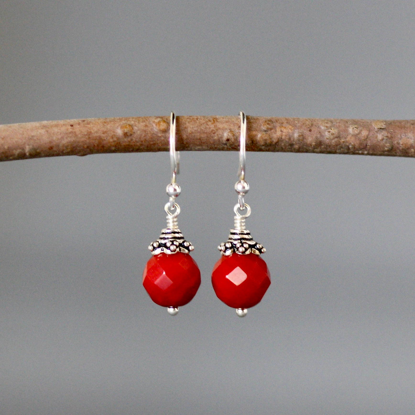 Red Coral Bead Dangle Earrings with Bali Sterling Silver Caps