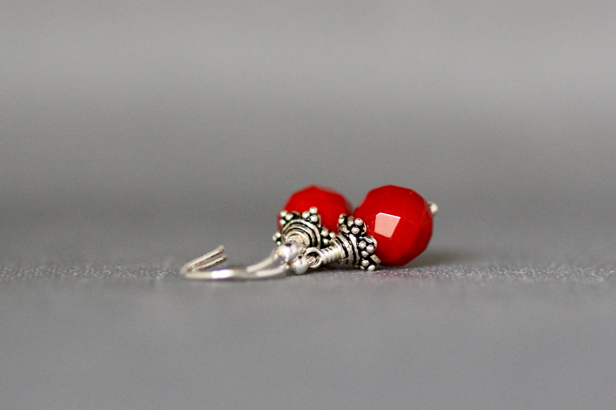 Red Coral Bead Dangle Earrings with Bali Sterling Silver Caps