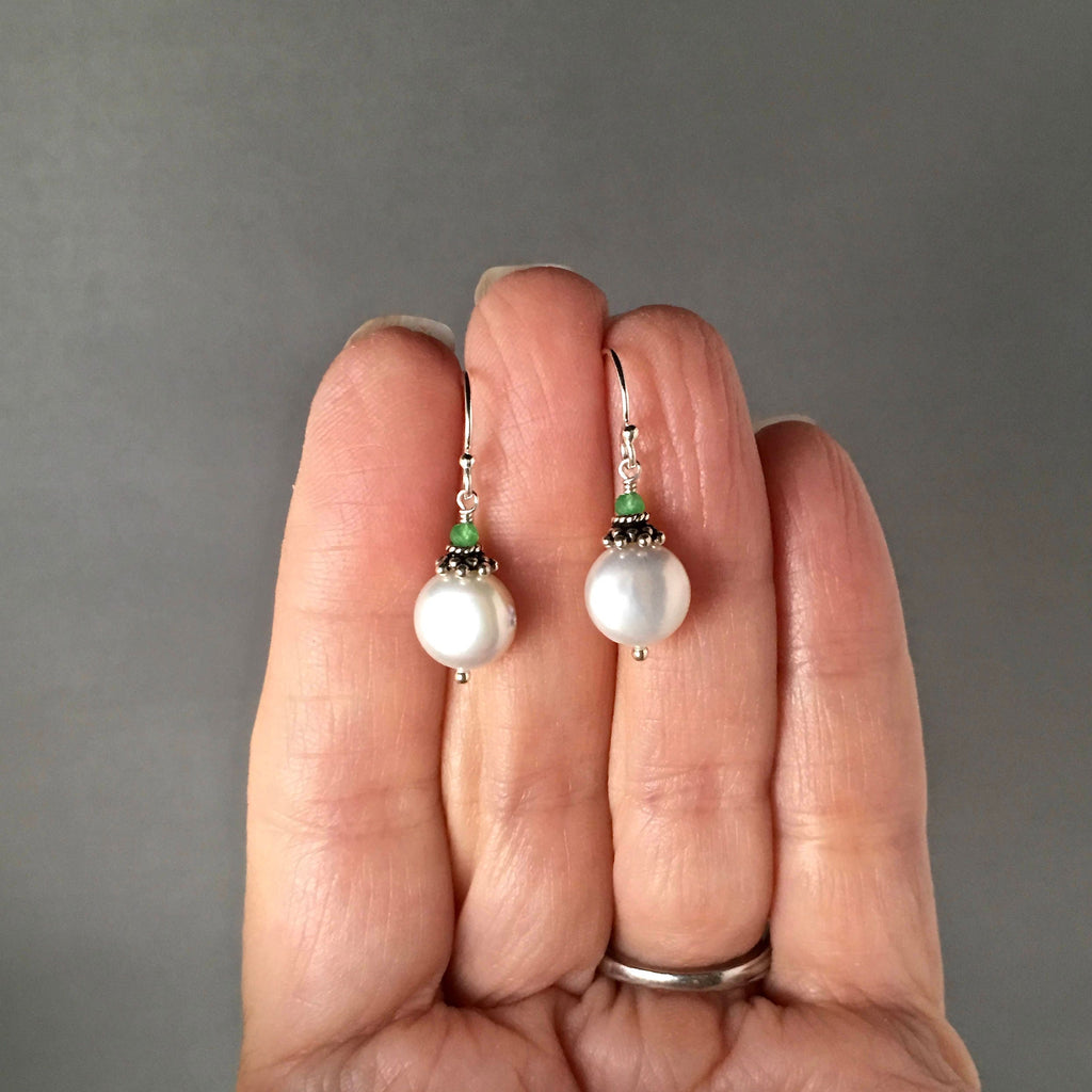 Green Chrysoprase and Freshwater Coin Pearl Drop Earrings in Sterling Silver
