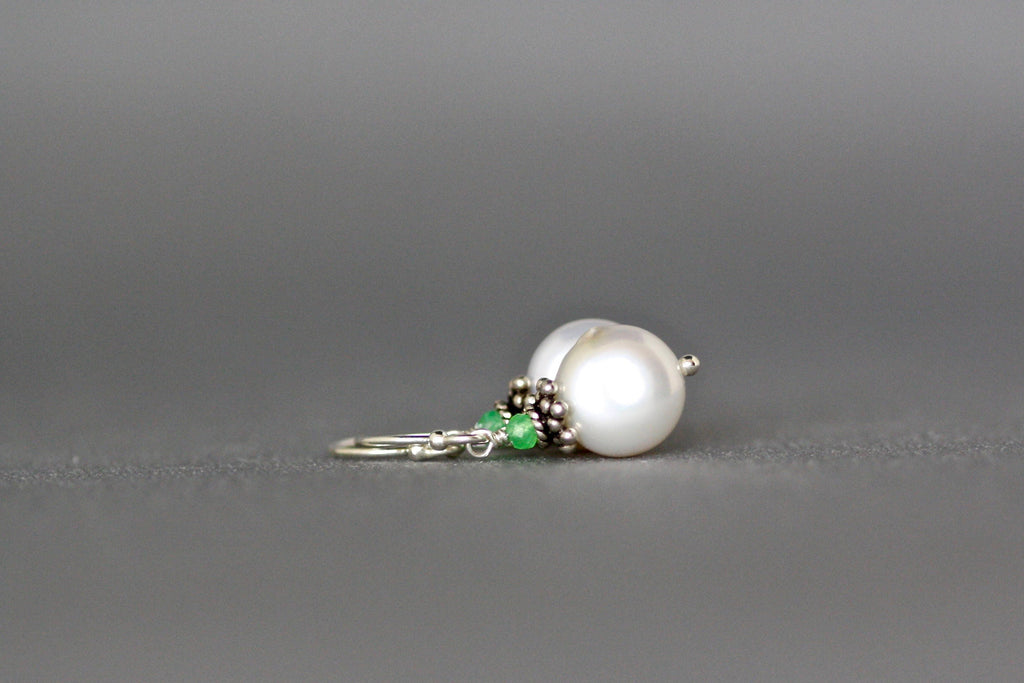 Green Chrysoprase and Freshwater Coin Pearl Drop Earrings in Sterling Silver