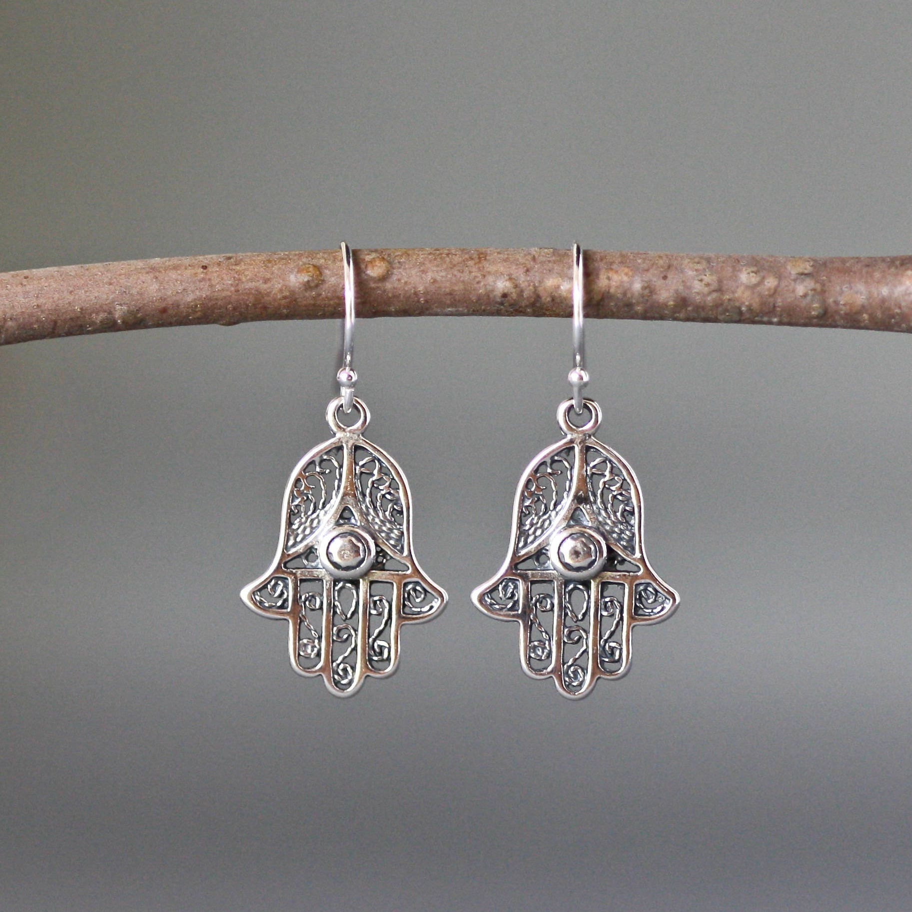 Bali Sterling Silver Hamsa Hand Charm Dangle Earrings