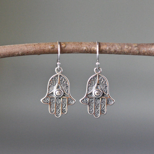 Bali Sterling Silver Hamsa Hand Charm Dangle Earrings