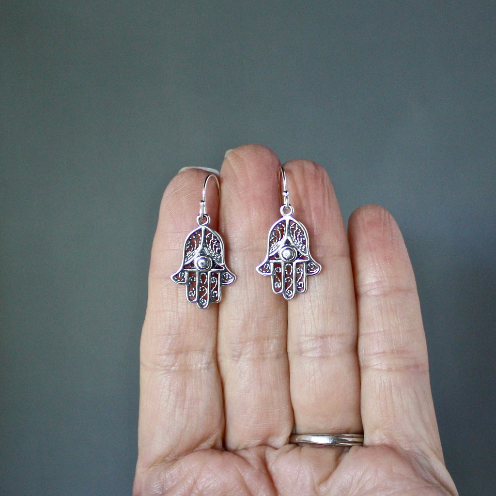 Bali Sterling Silver Hamsa Hand Charm Dangle Earrings