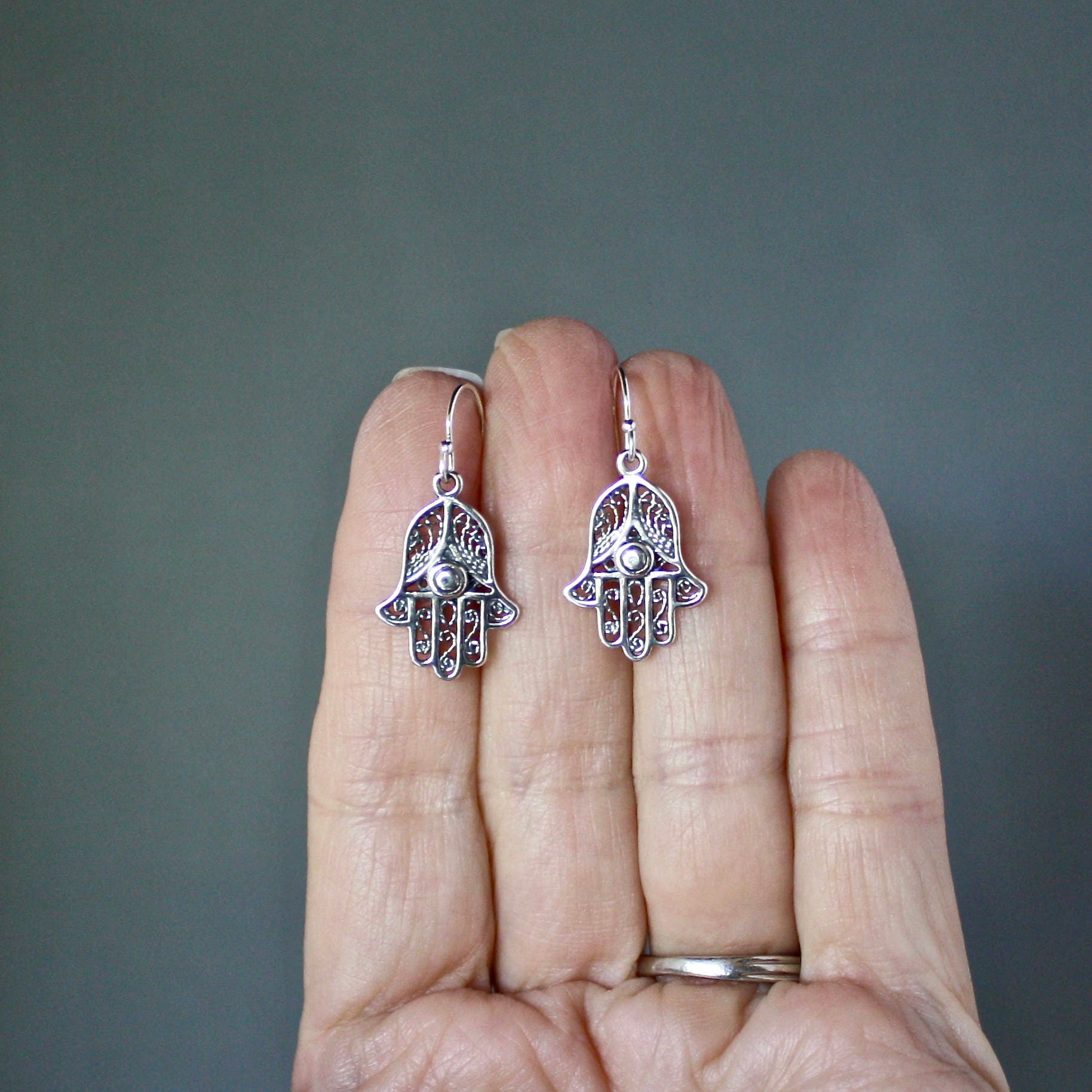 Bali Sterling Silver Hamsa Hand Charm Dangle Earrings
