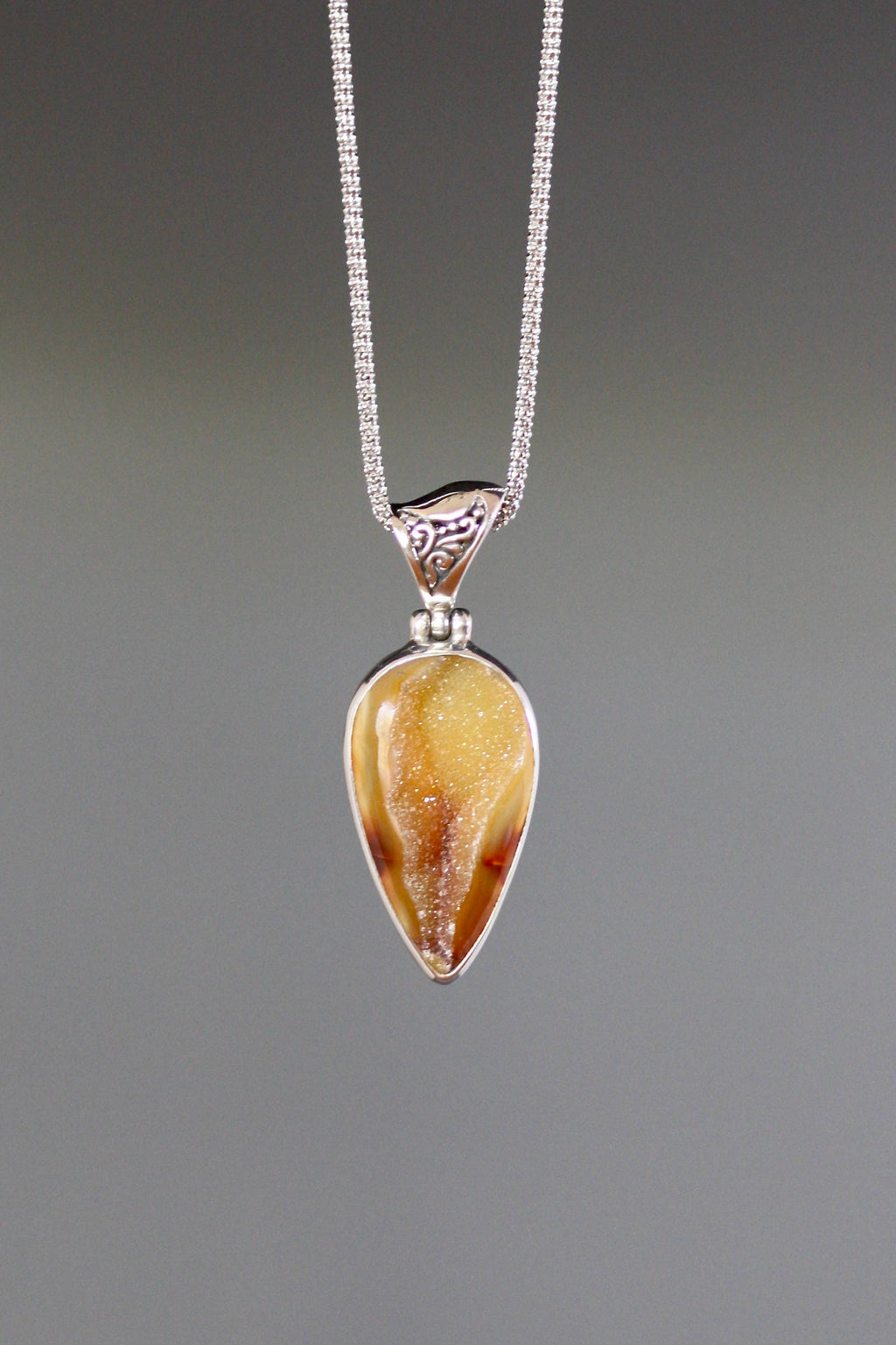 Caramel Druzy Geode Quartz Pendant in a Bali Sterling Silver Bezel Setting