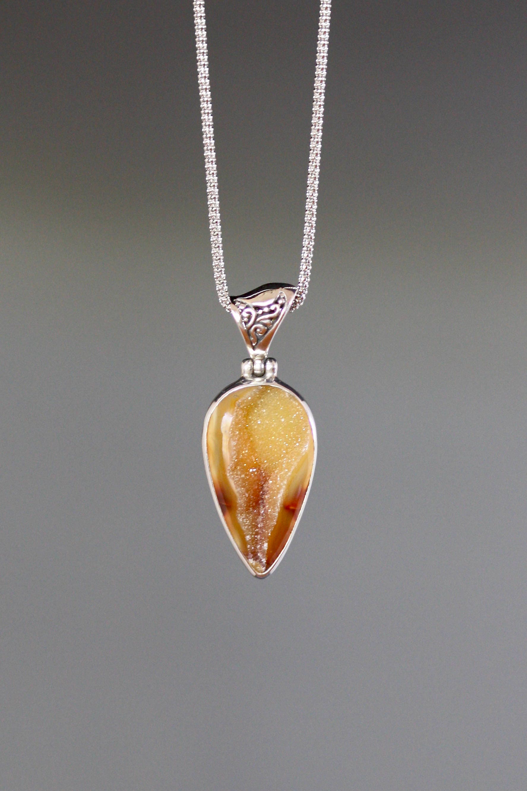 Caramel Druzy Geode Quartz Pendant in a Bali Sterling Silver Bezel Setting