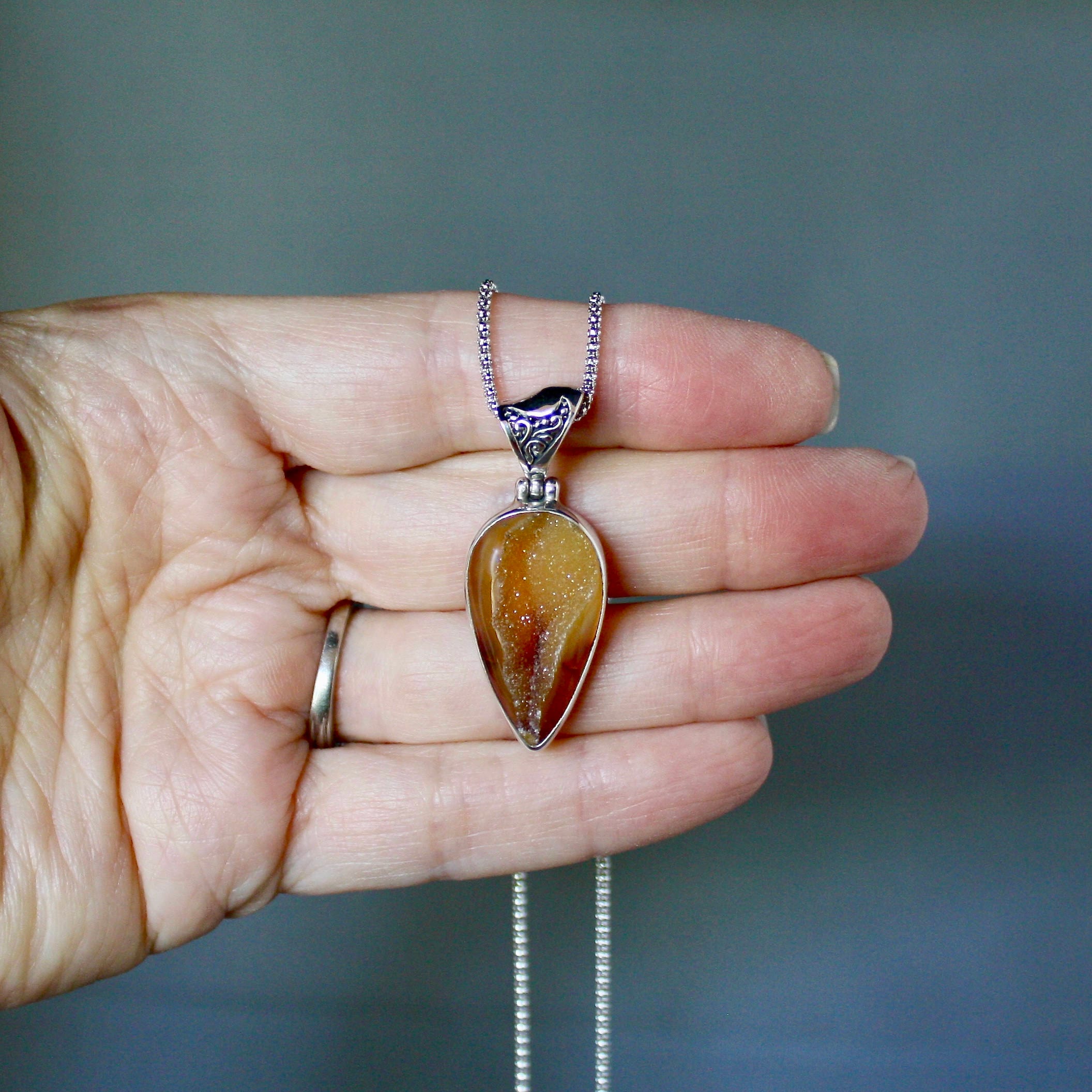 Caramel Druzy Geode Quartz Pendant in a Bali Sterling Silver Bezel Setting