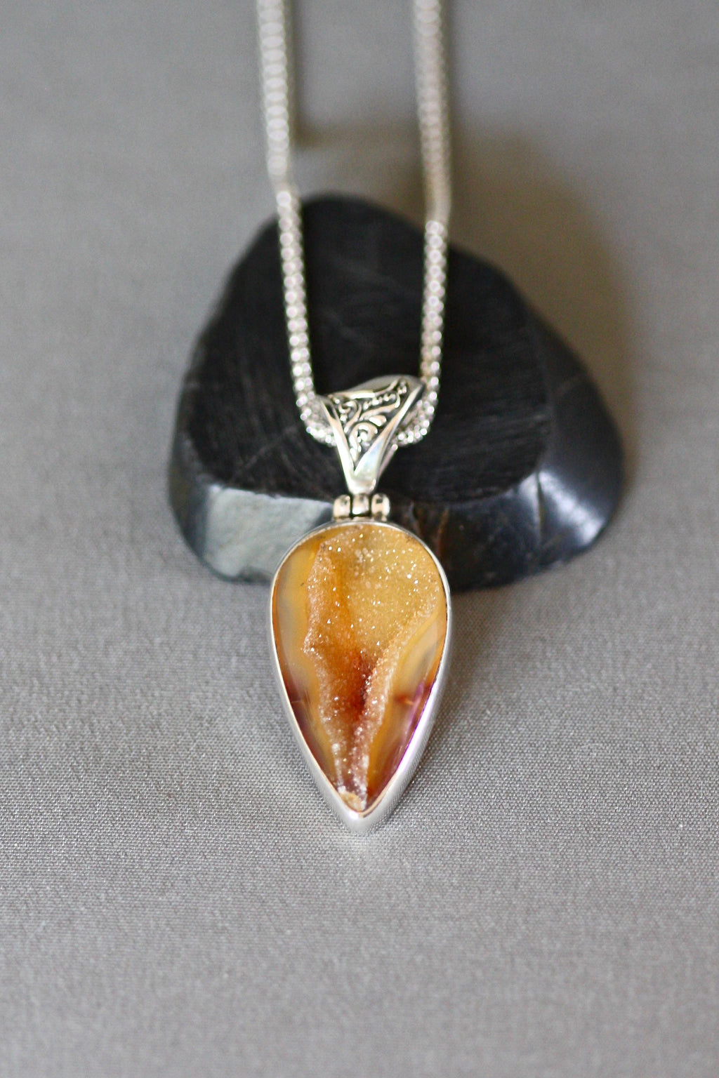 Caramel Druzy Geode Quartz Pendant in a Bali Sterling Silver Bezel Setting