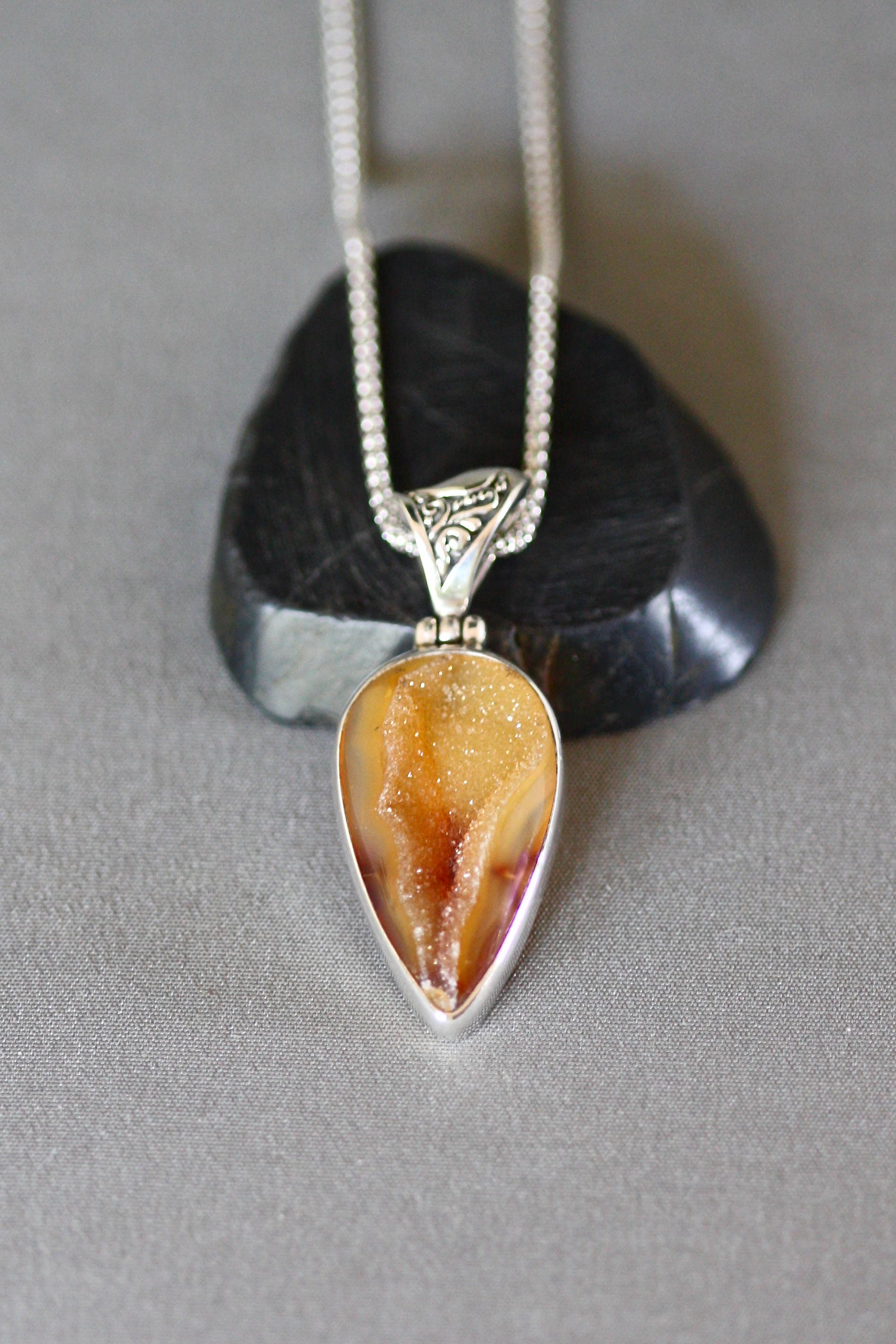 Caramel Druzy Geode Quartz Pendant in a Bali Sterling Silver Bezel Setting