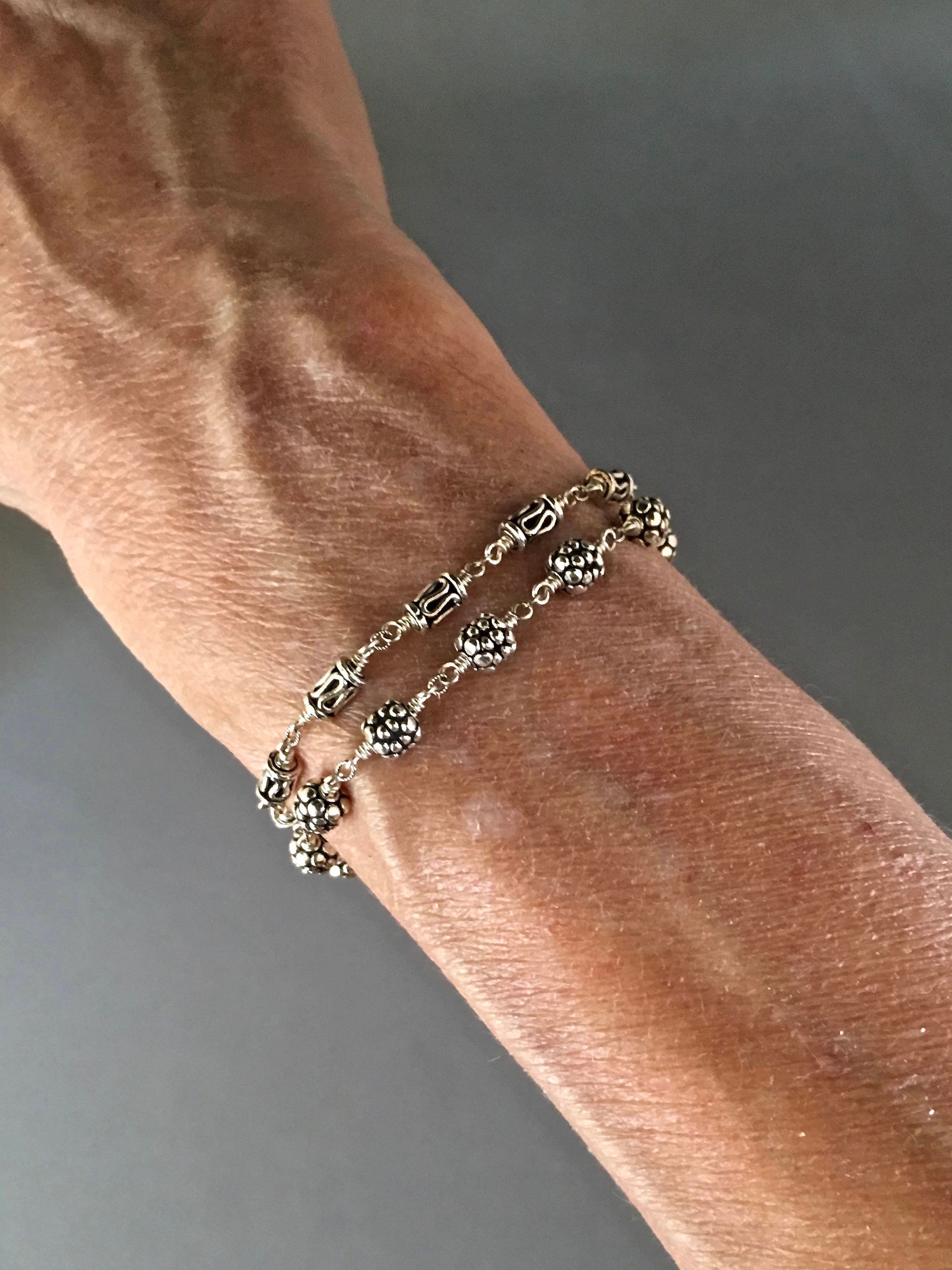 Bali Sterling Silver Beaded Bracelet with Heart Lobster Clasp