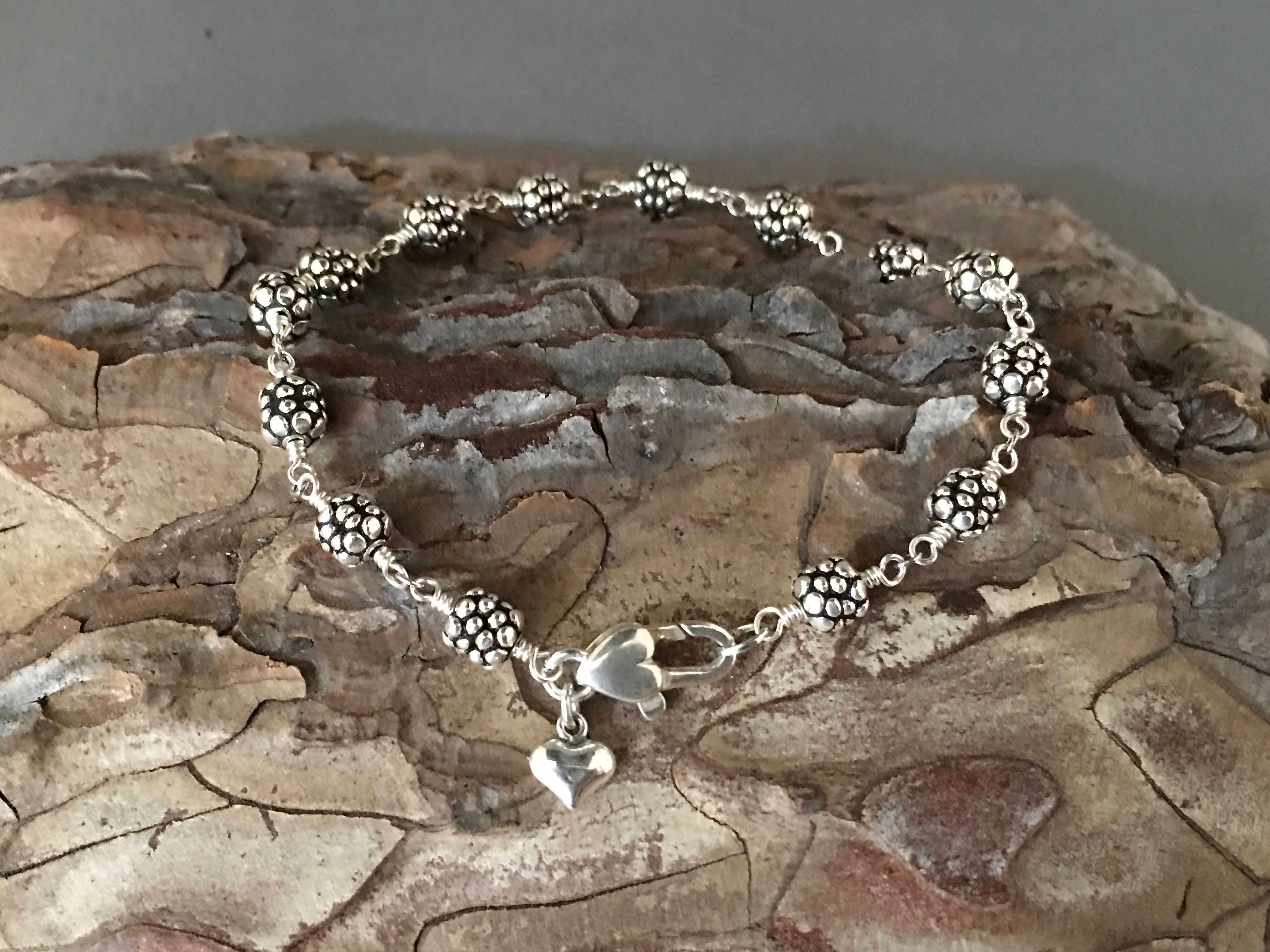 Bali Sterling Silver Beaded Bracelet with Heart Lobster Clasp