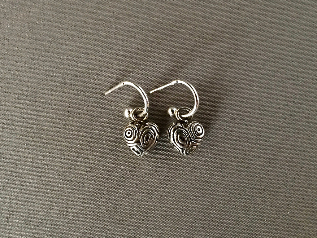 Bali Sterling Silver Heart Charm Earrings with Carved Detail on Post Hoops
