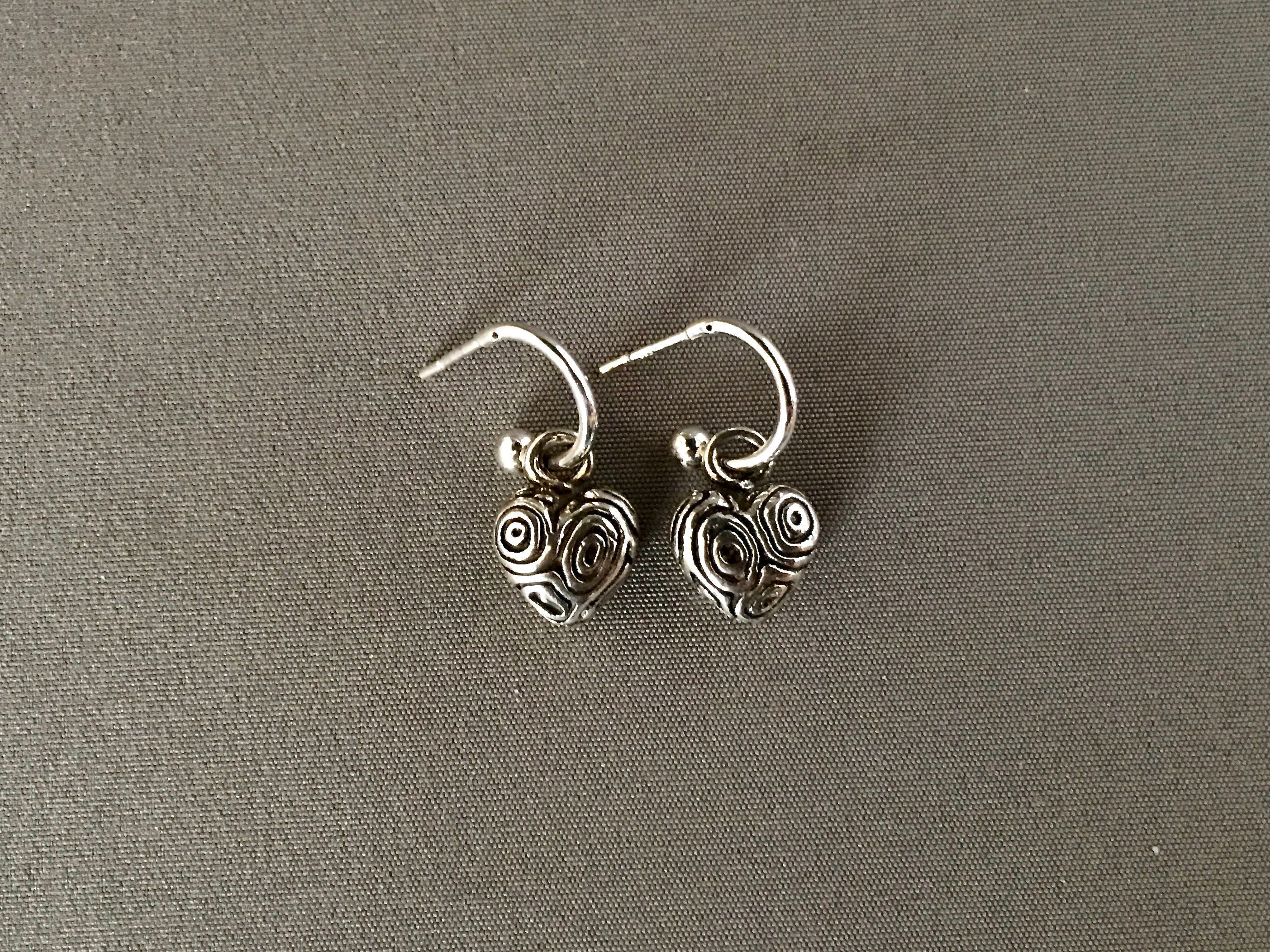 Bali Sterling Silver Heart Charm Earrings with Carved Detail on Post Hoops