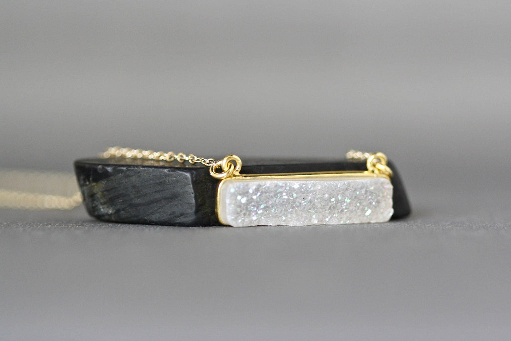 White Rainbow Druzy Quartz Bar Pendant Necklace in Gold Vermeil