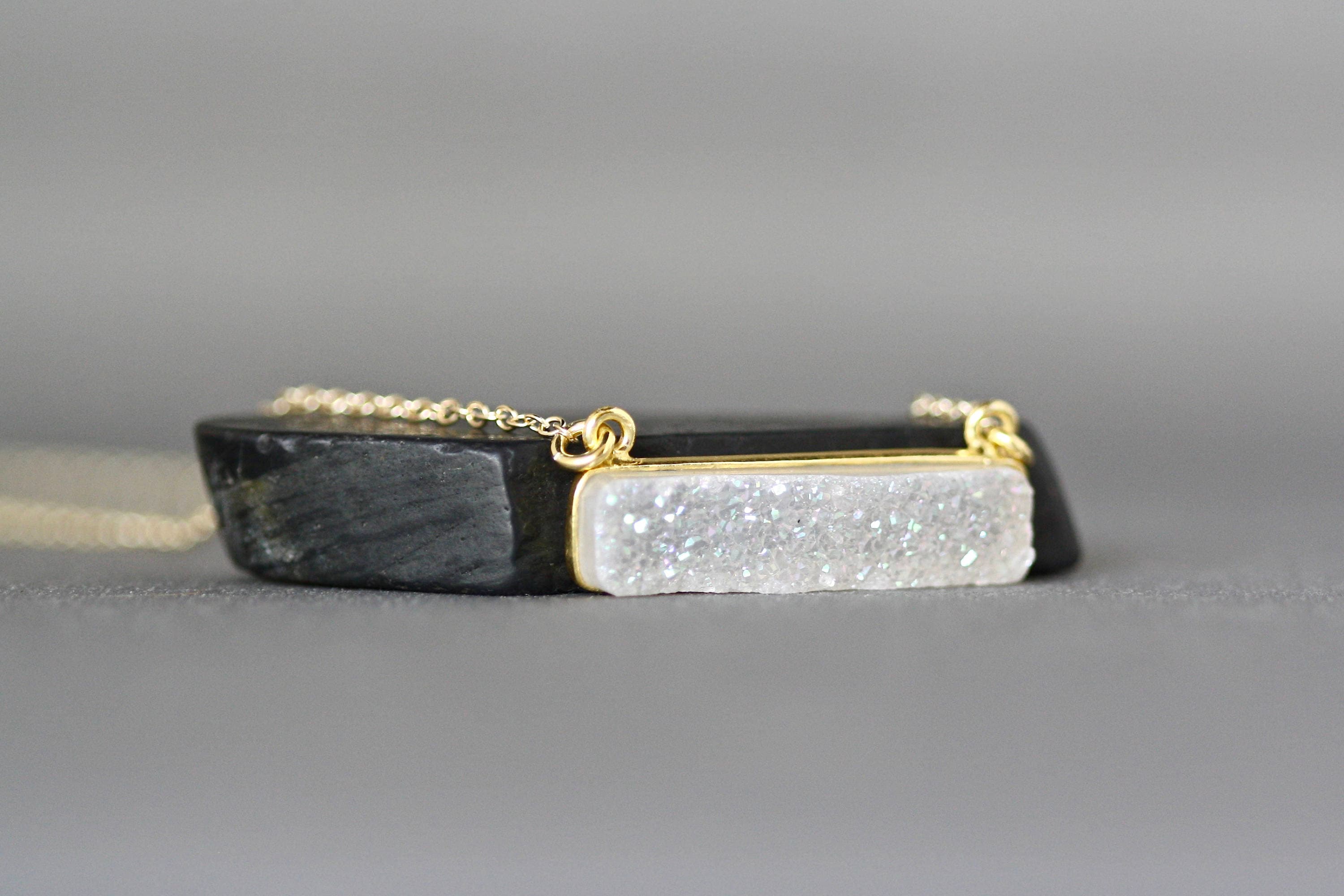 White Rainbow Druzy Quartz Bar Pendant Necklace in Gold Vermeil