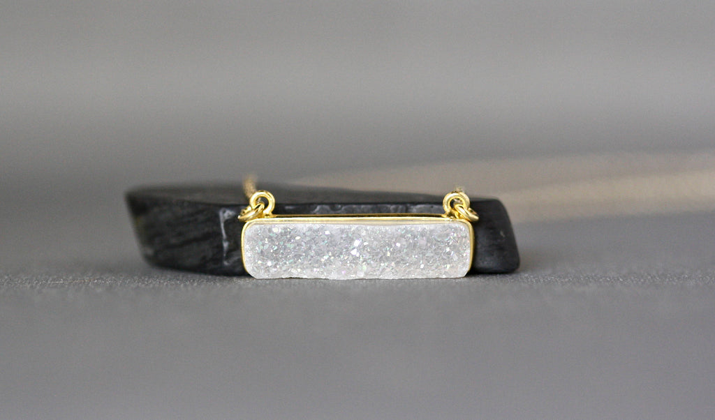 White Rainbow Druzy Quartz Bar Pendant Necklace in Gold Vermeil