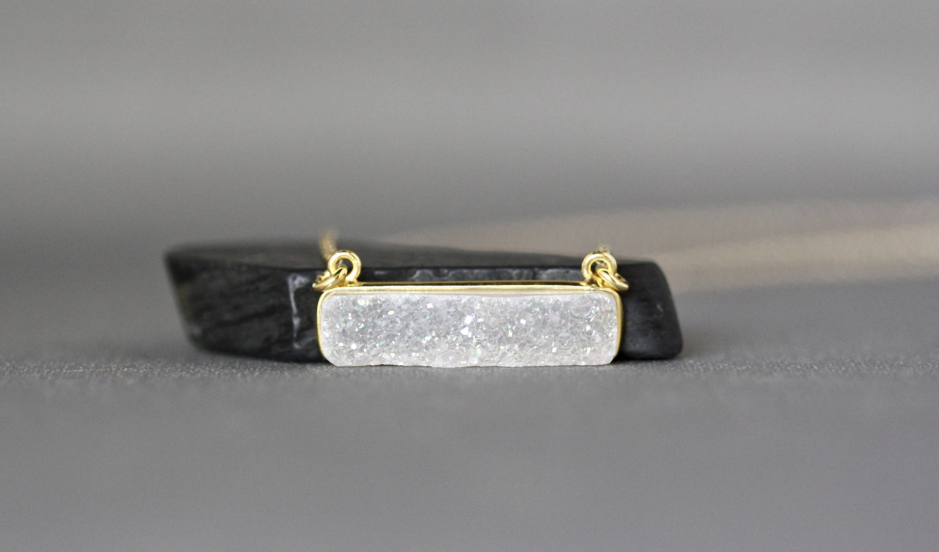 White Rainbow Druzy Quartz Bar Pendant Necklace in Gold Vermeil
