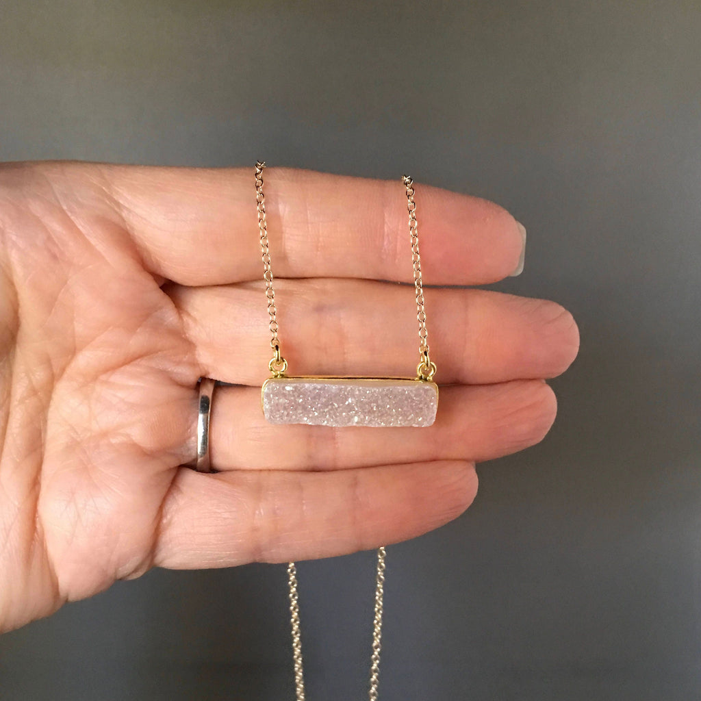 White Rainbow Druzy Quartz Bar Pendant Necklace in Gold Vermeil