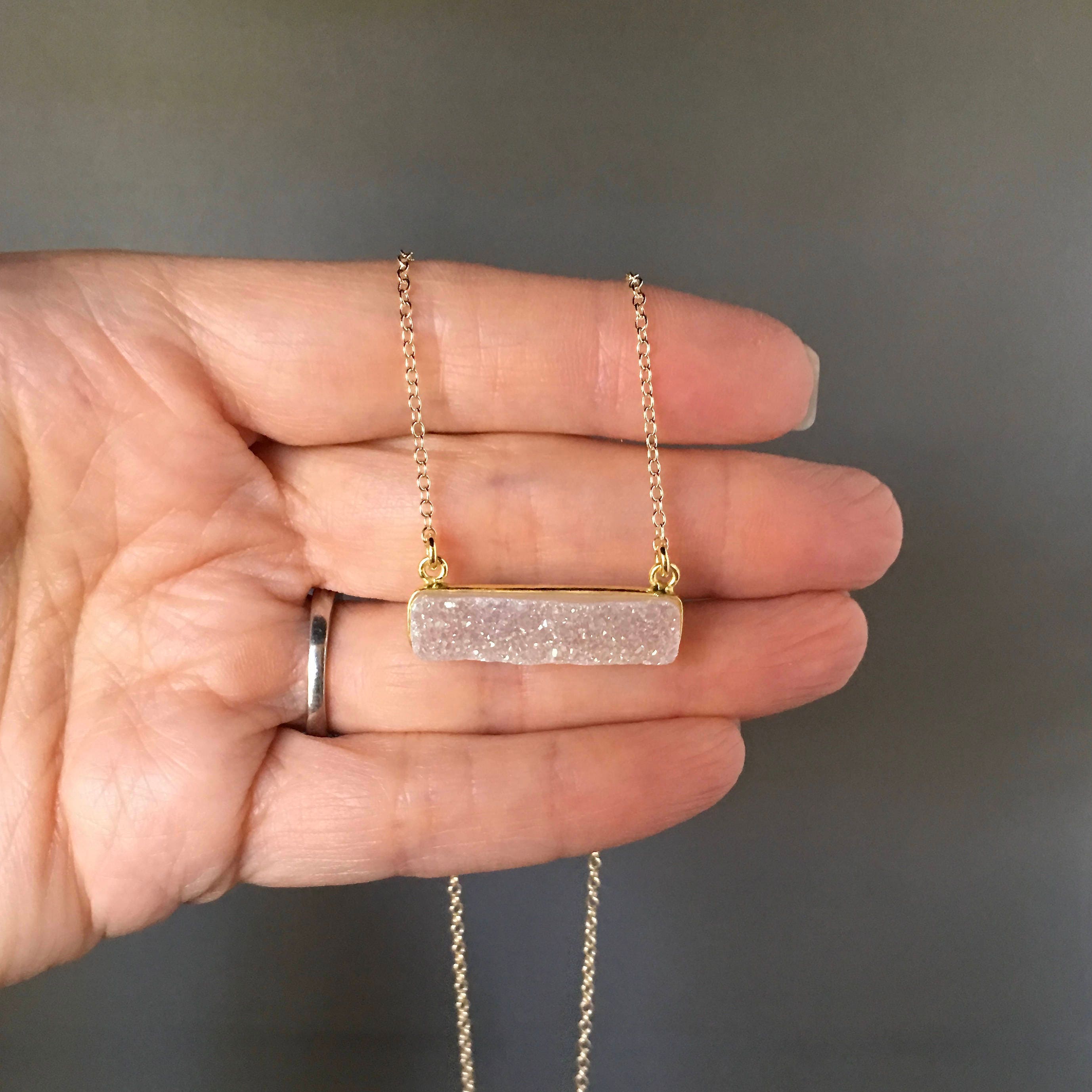 White Rainbow Druzy Quartz Bar Pendant Necklace in Gold Vermeil