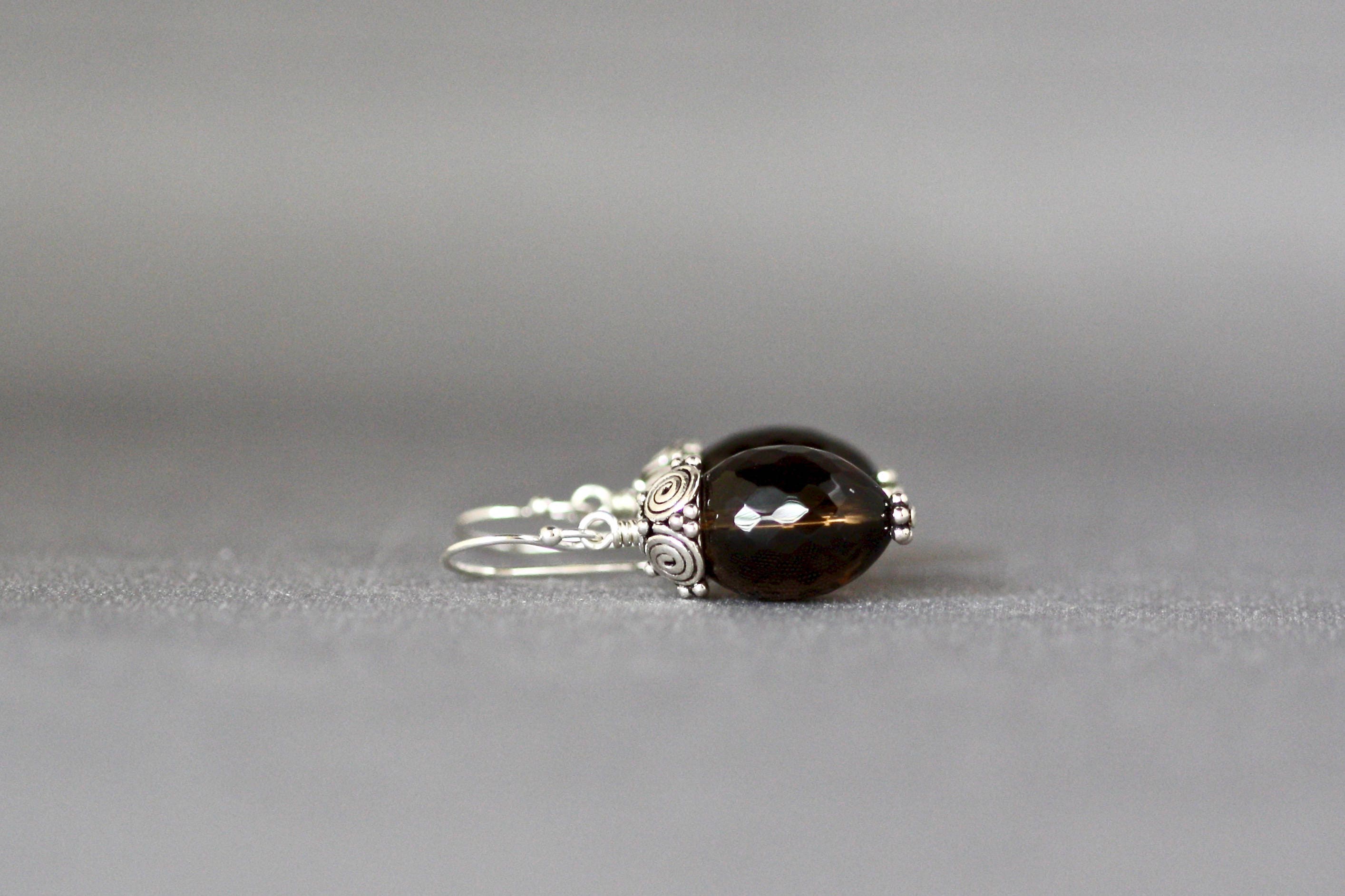 Smokey Quartz Barrel Dangle Earrings with Bali Sterling Silver Caps