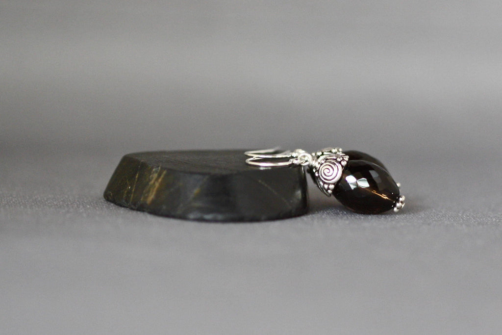 Smokey Quartz Barrel Dangle Earrings with Bali Sterling Silver Caps