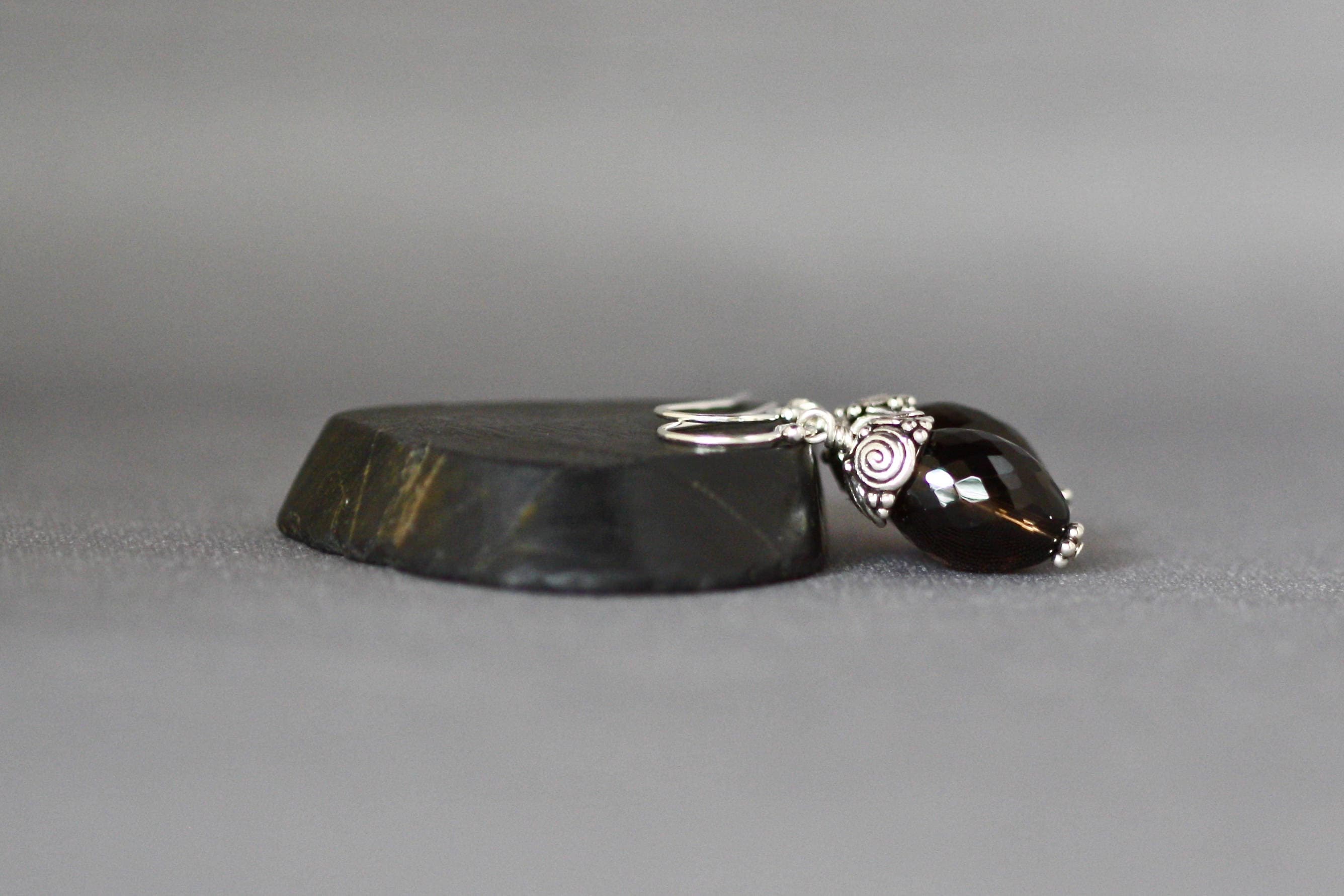Smokey Quartz Barrel Dangle Earrings with Bali Sterling Silver Caps