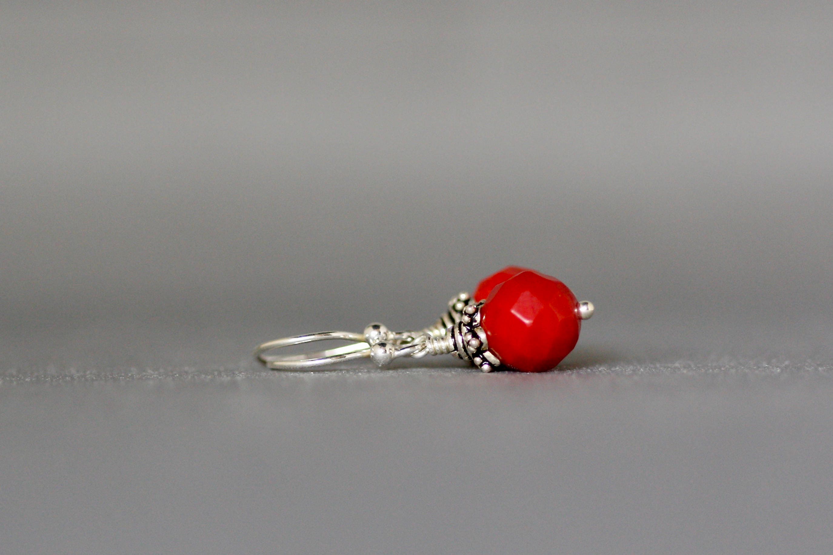 Red Coral Bead Dangle Earrings with Bali Sterling Silver Caps