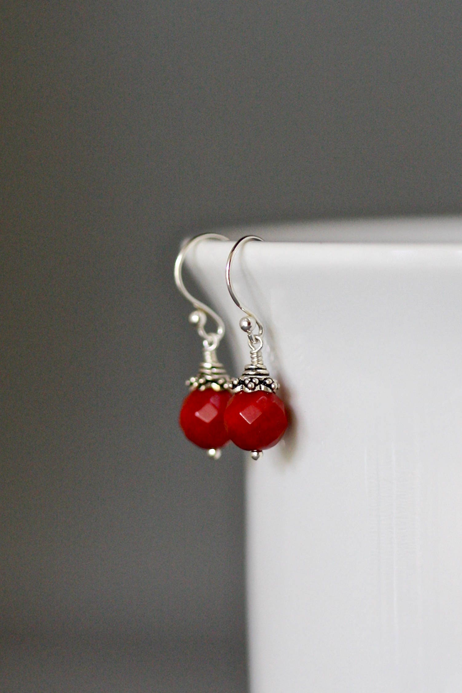 Red Coral Bead Dangle Earrings with Bali Sterling Silver Caps