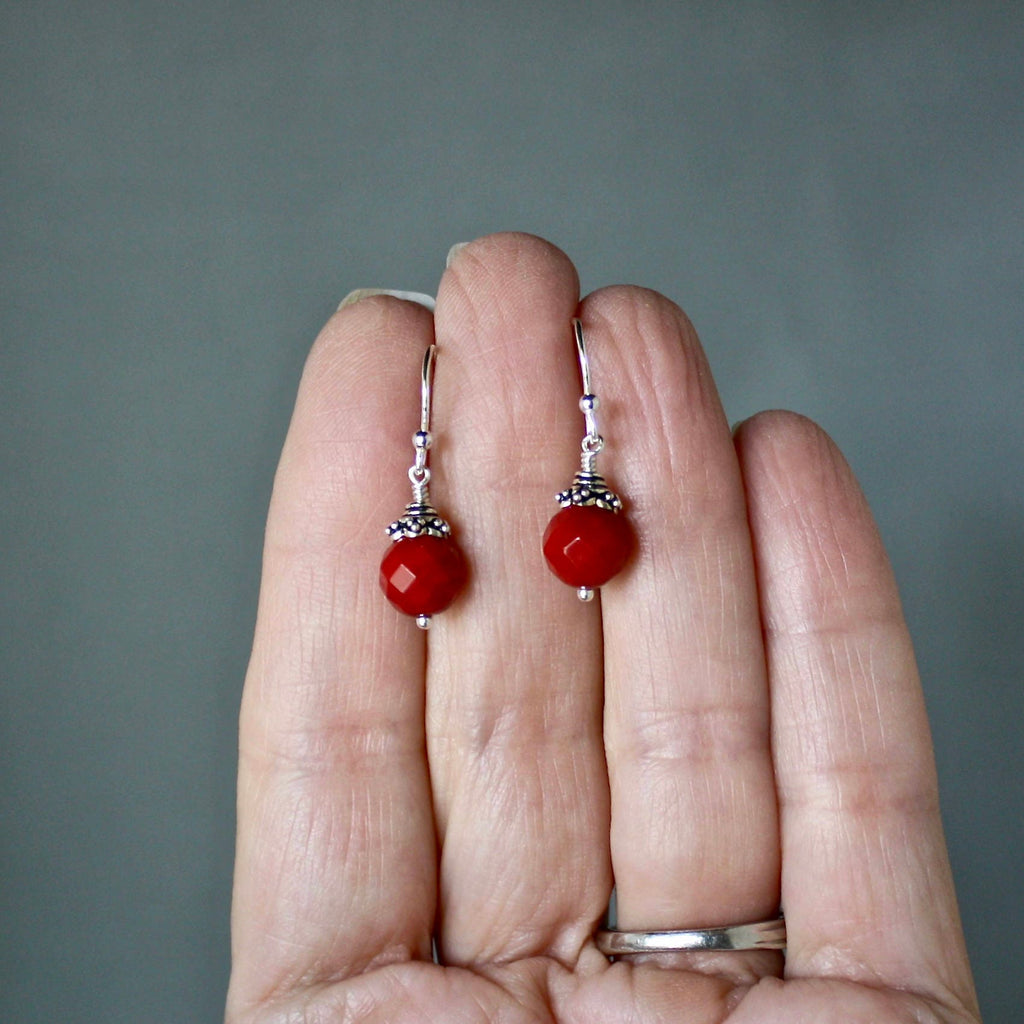 Red Coral Bead Dangle Earrings with Bali Sterling Silver Caps