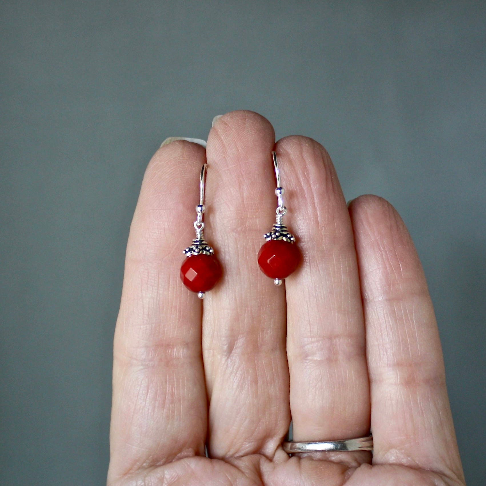 Red Coral Bead Dangle Earrings with Bali Sterling Silver Caps