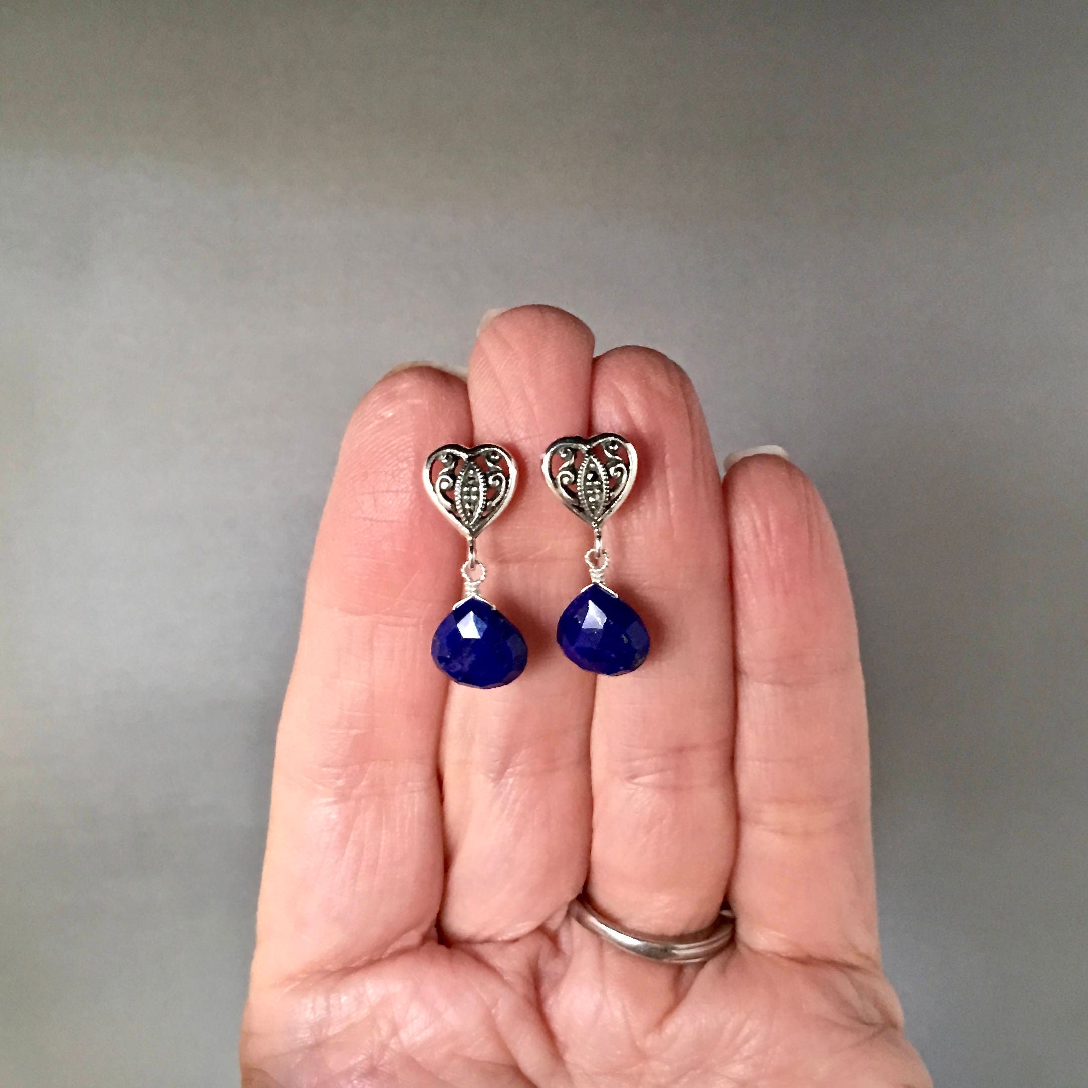 Lapis Lazuli Teardrop Earrings on Bali Sterling Silver Marcasite Heart Posts