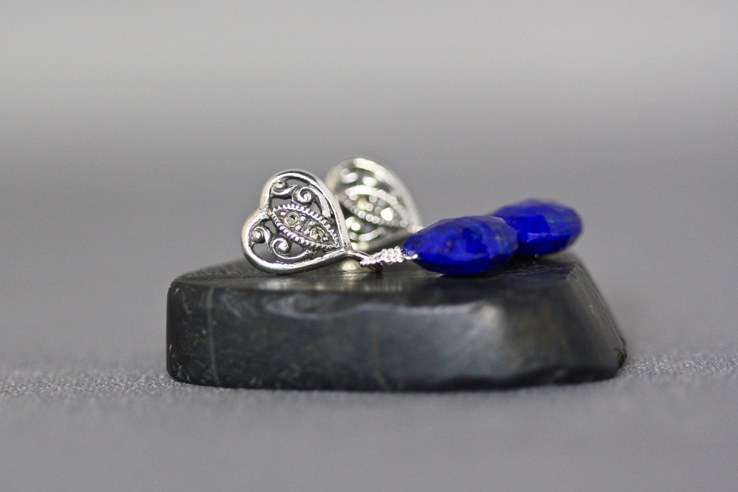 Lapis Lazuli Teardrop Earrings on Bali Sterling Silver Marcasite Heart Posts