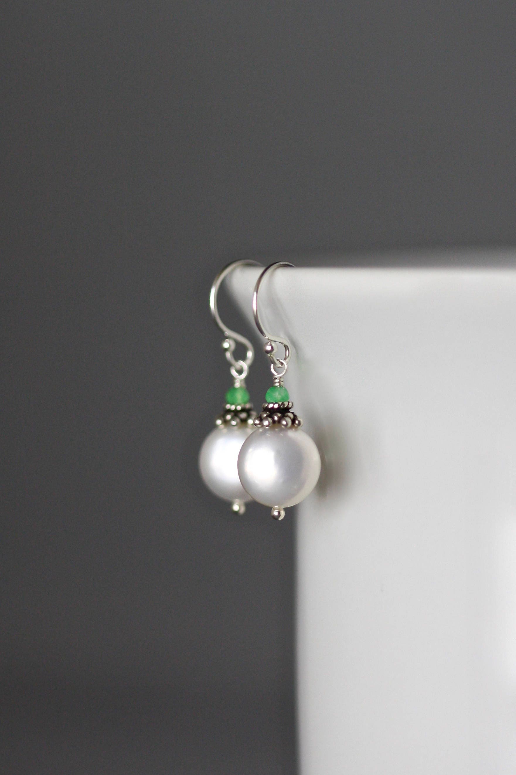 Green Chrysoprase and Freshwater Coin Pearl Drop Earrings in Sterling Silver