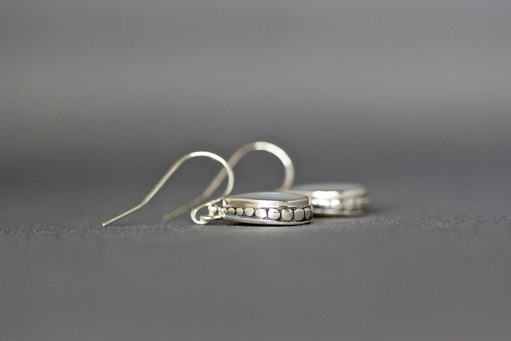 Mother of Pearl Teardrop Earrings in Bali Sterling Silver Bezel Settings