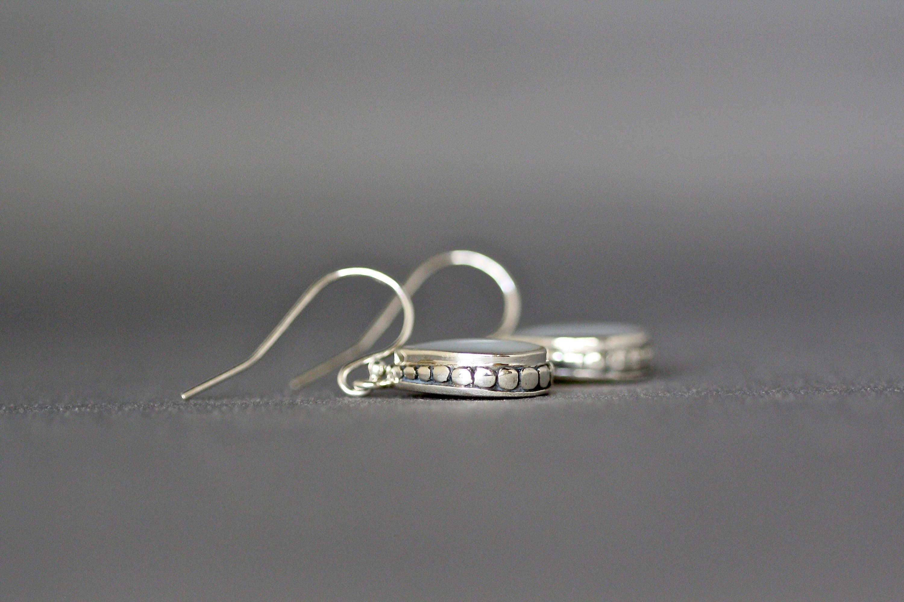 Mother of Pearl Teardrop Earrings in Bali Sterling Silver Bezel Settings