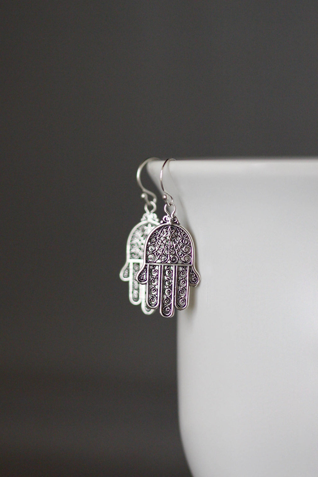 Large Bali Silver Hamsa Hand Dangle Earrings
