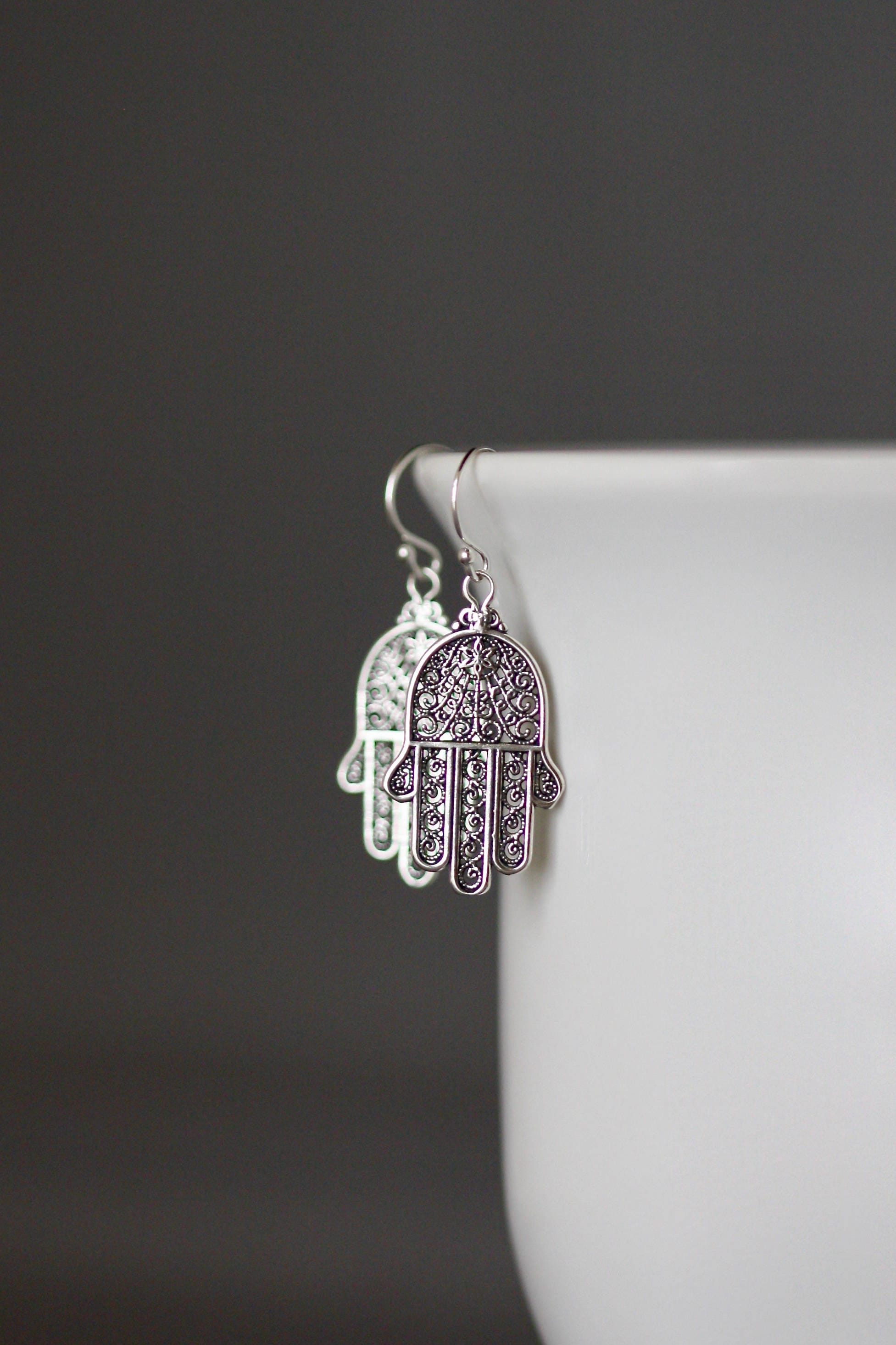 Large Bali Silver Hamsa Hand Dangle Earrings